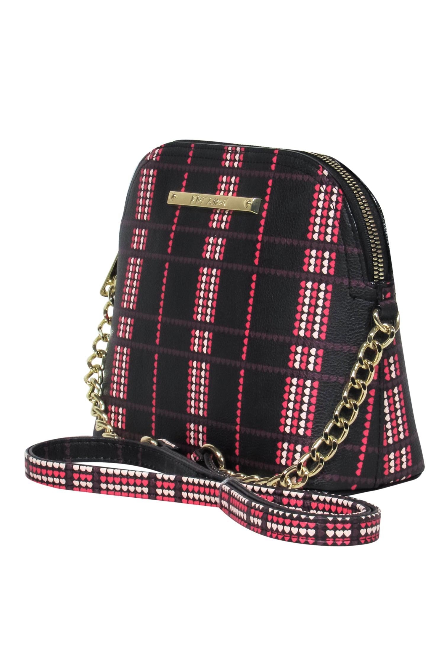 Betsey Johnson's Heart - Throbbing Black, Pink & White Heart Grid Print Gold Chain Crossbody