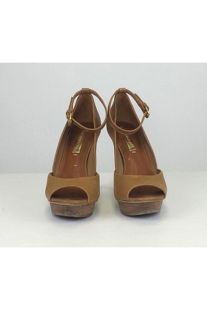 BCBG Max Azria's Alluring Brown Ankle Strap Peep-Toe Pumps - Size 8