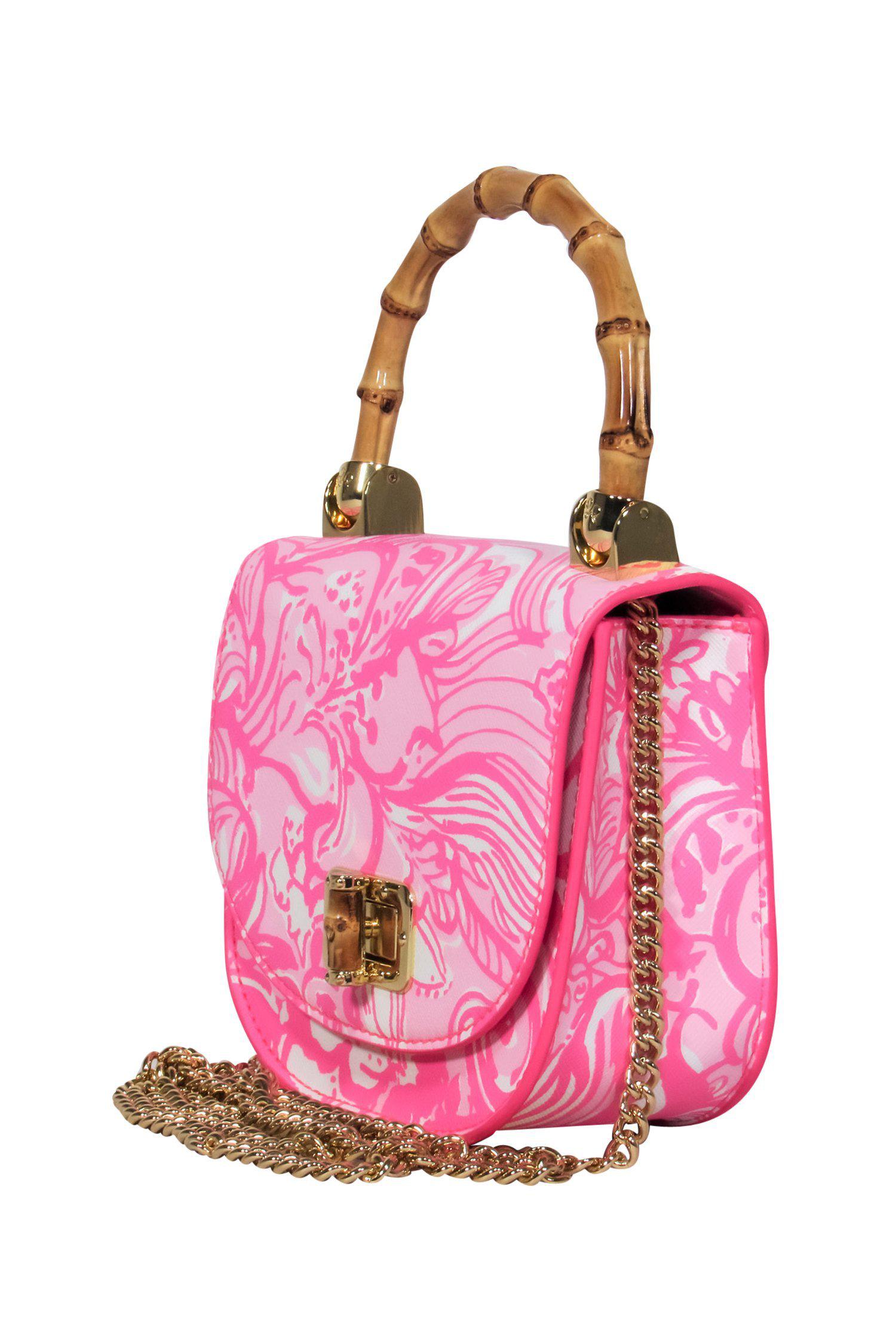 Lilly Pulitzer's Tropical Paradise: Pink Floral Leather Crossbody with Gold Chain and Faux Bamboo Handle
