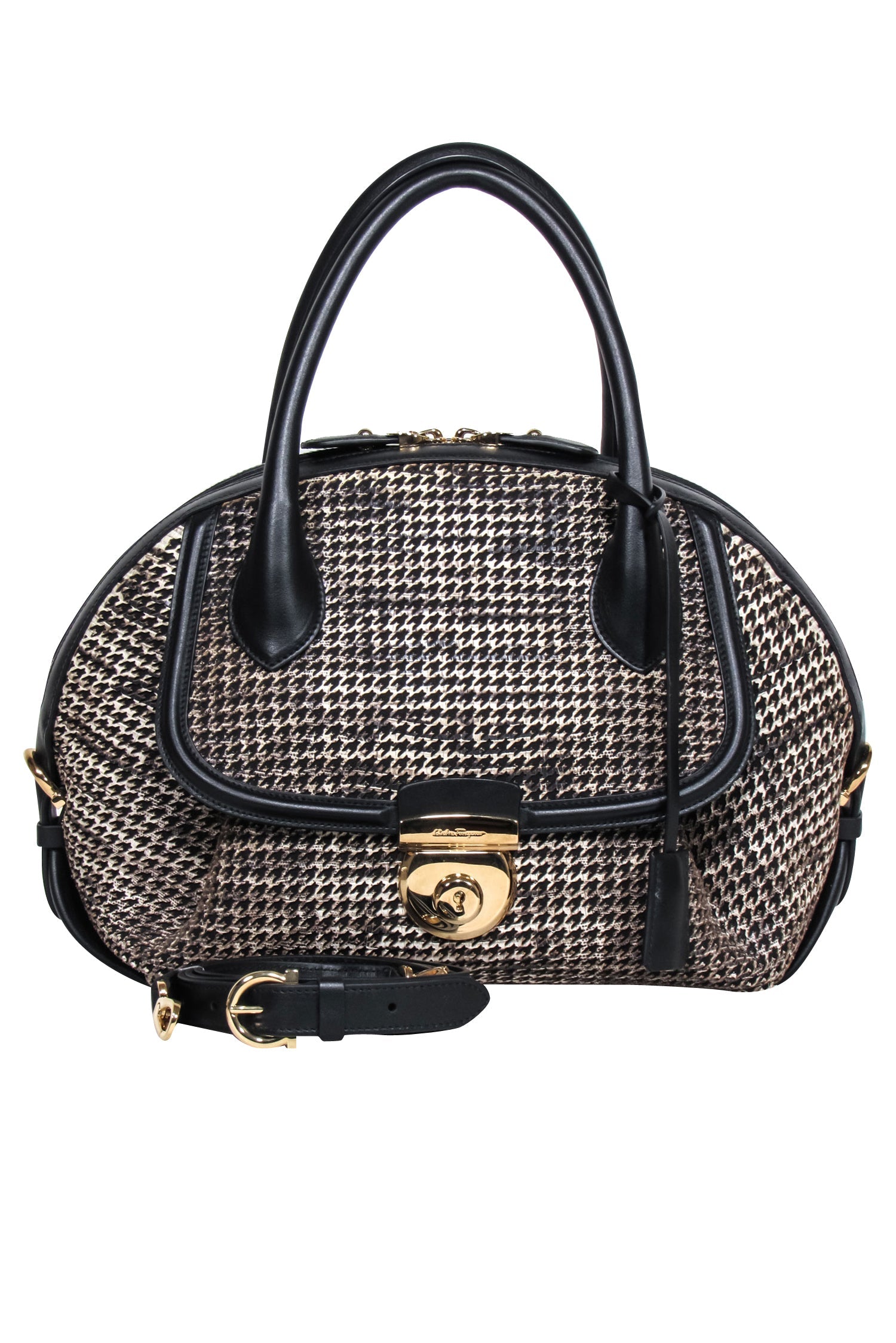 Ferragamo Three - Tone Laser Cut Print Satchel Bag: Black, Brown, & Cream
