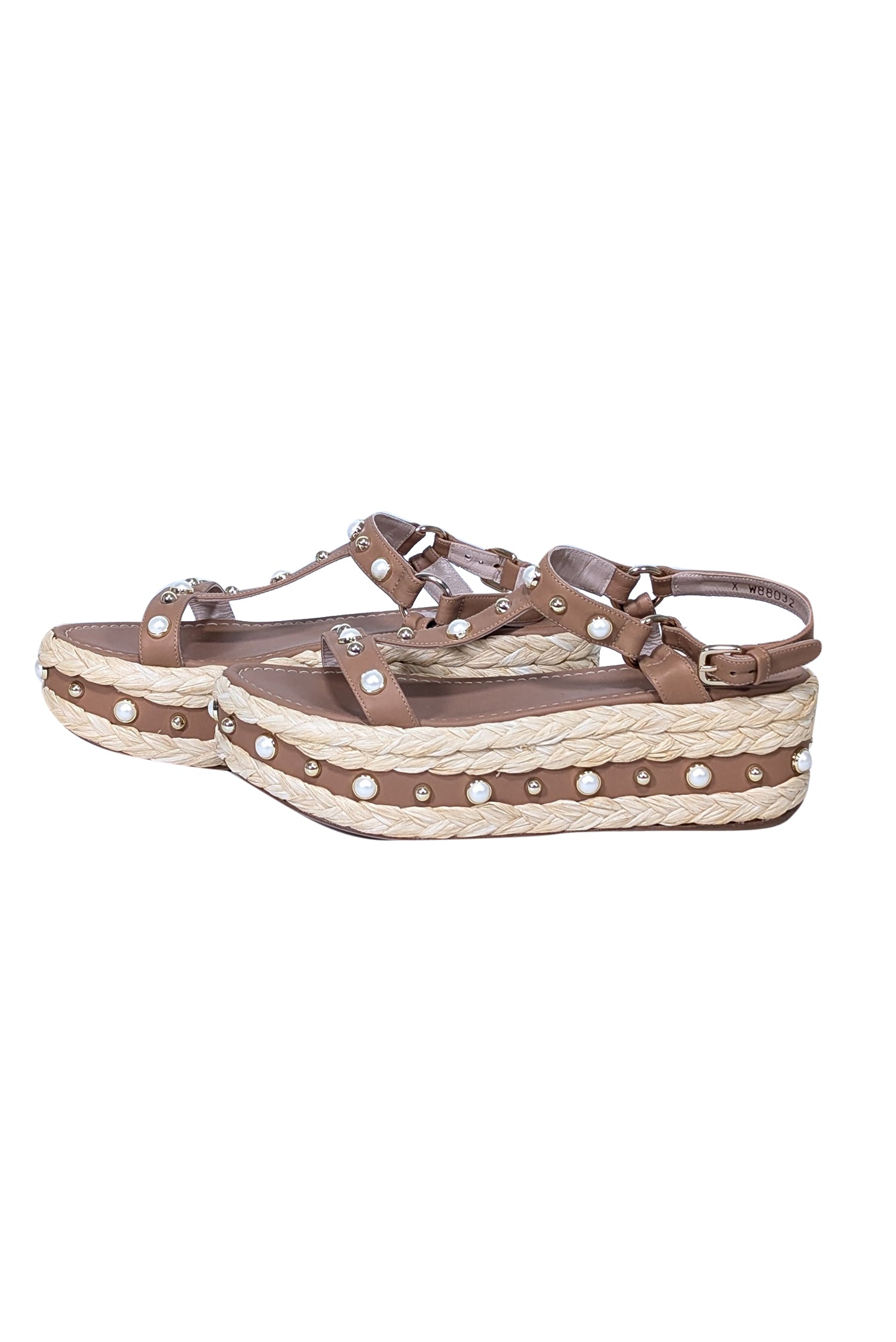 Stuart Weitzman - Tan & Beige Beraffia Pearly Vachetta Platform Sandals for Summer Fun, Size 9