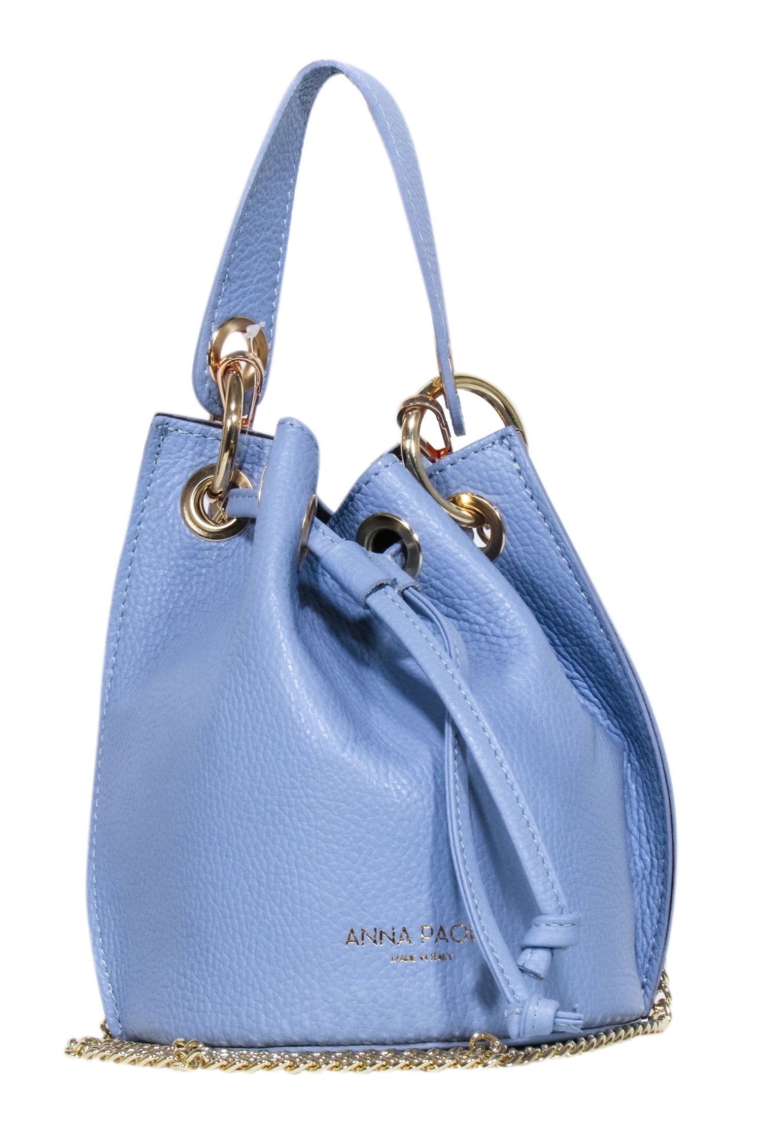 Anna Paola Light Blue Pebbled Leather Glam Bucket Bag