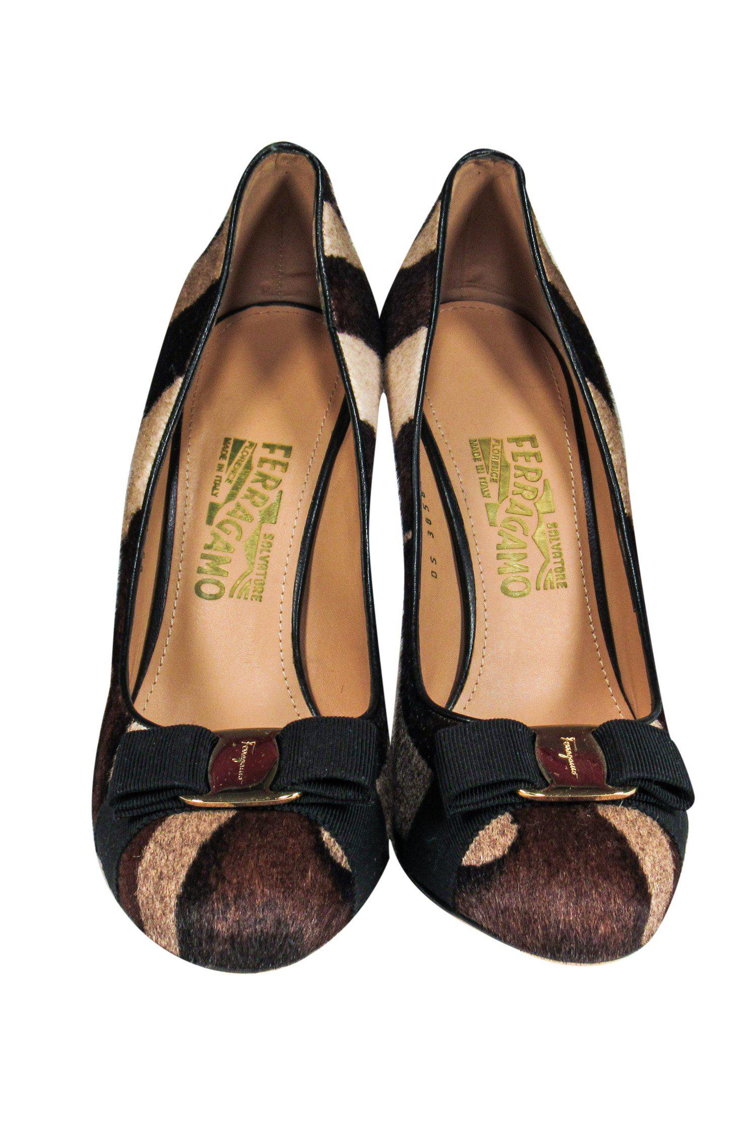 Ferragamo Brown Zebra Mohair Bow Pumps - Size 9.5