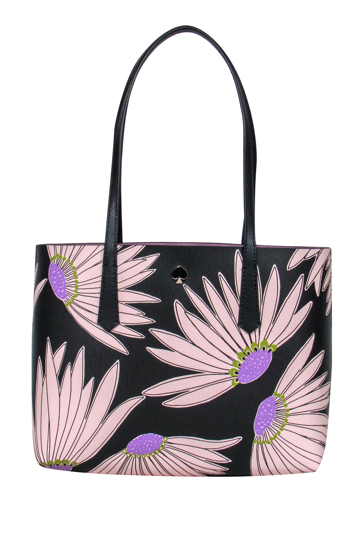 Kate Spade - Stunning Medium Tote with Blush & Purple Floral Design on Black