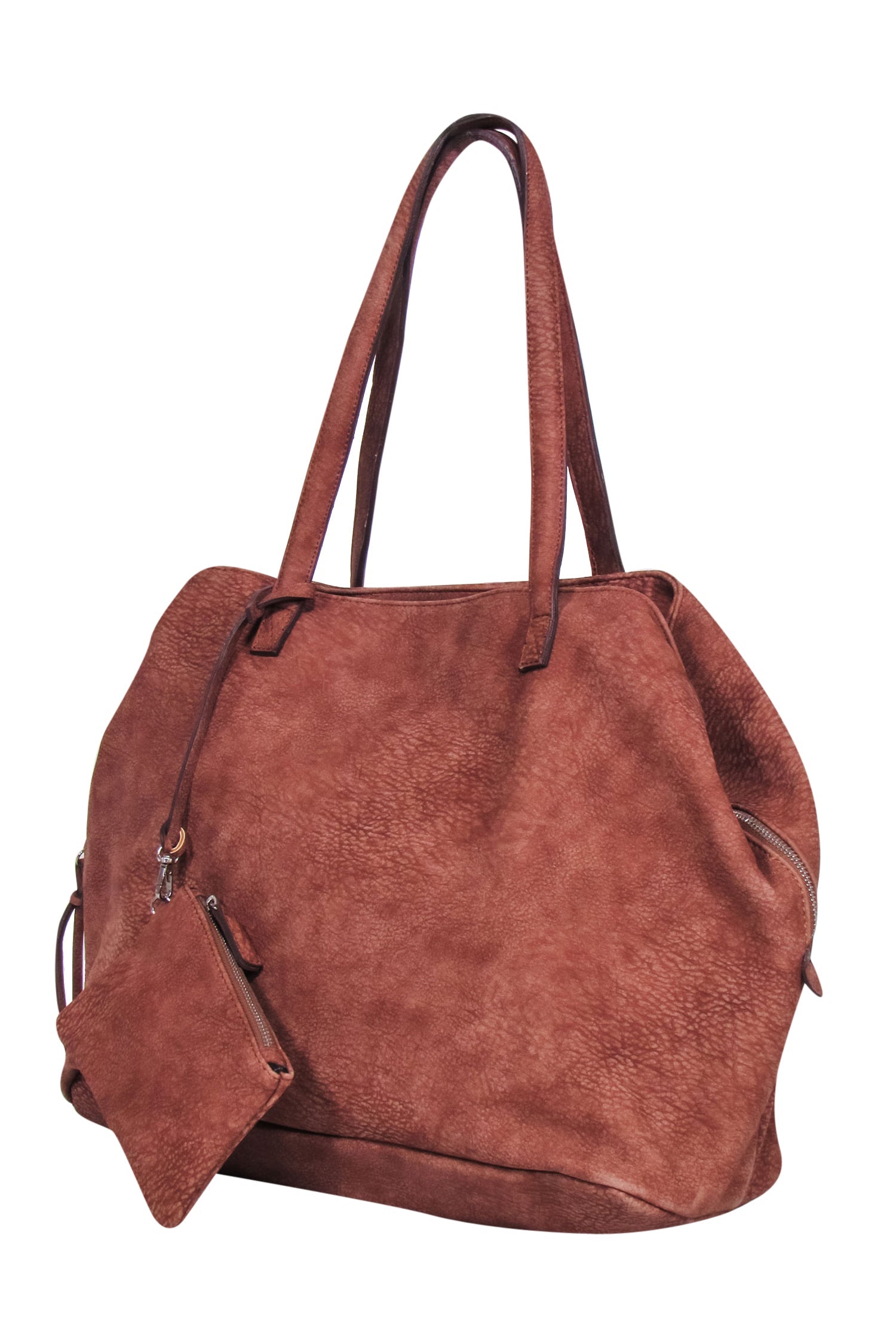 Free People Rusty Brown Faux Suede Large Tote Bag with Detachable Pouch - A Fashionable Must-Have!