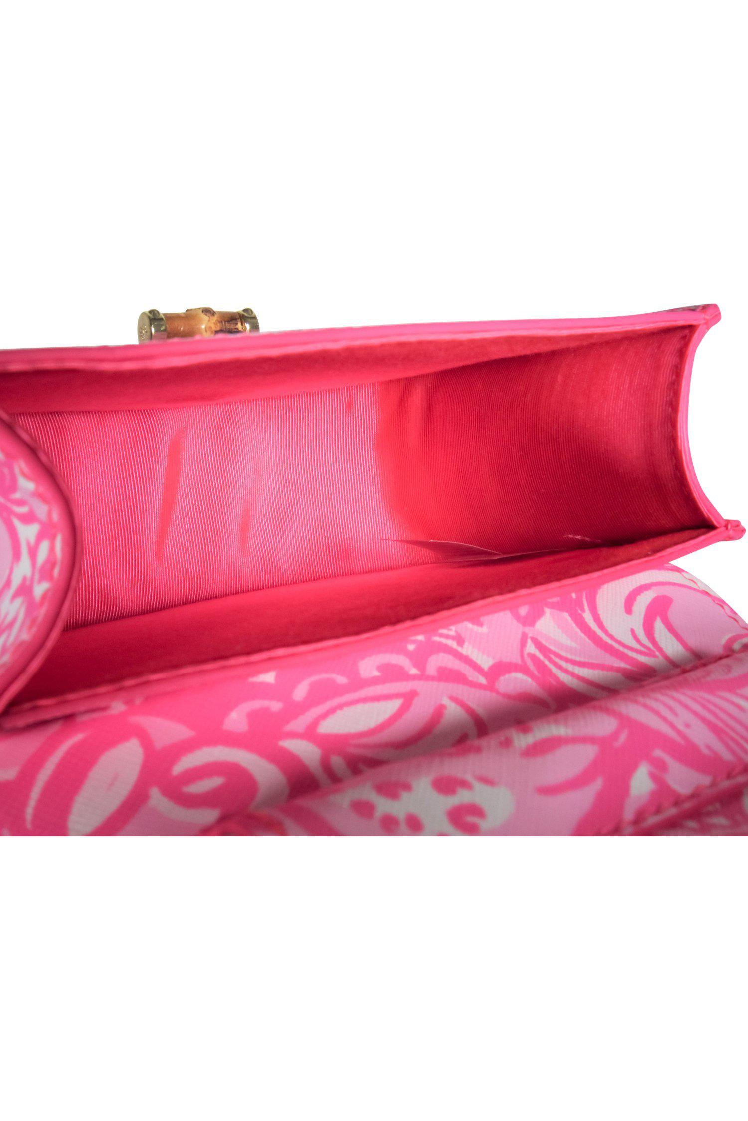 Lilly Pulitzer's Tropical Paradise: Pink Floral Leather Crossbody with Gold Chain and Faux Bamboo Handle