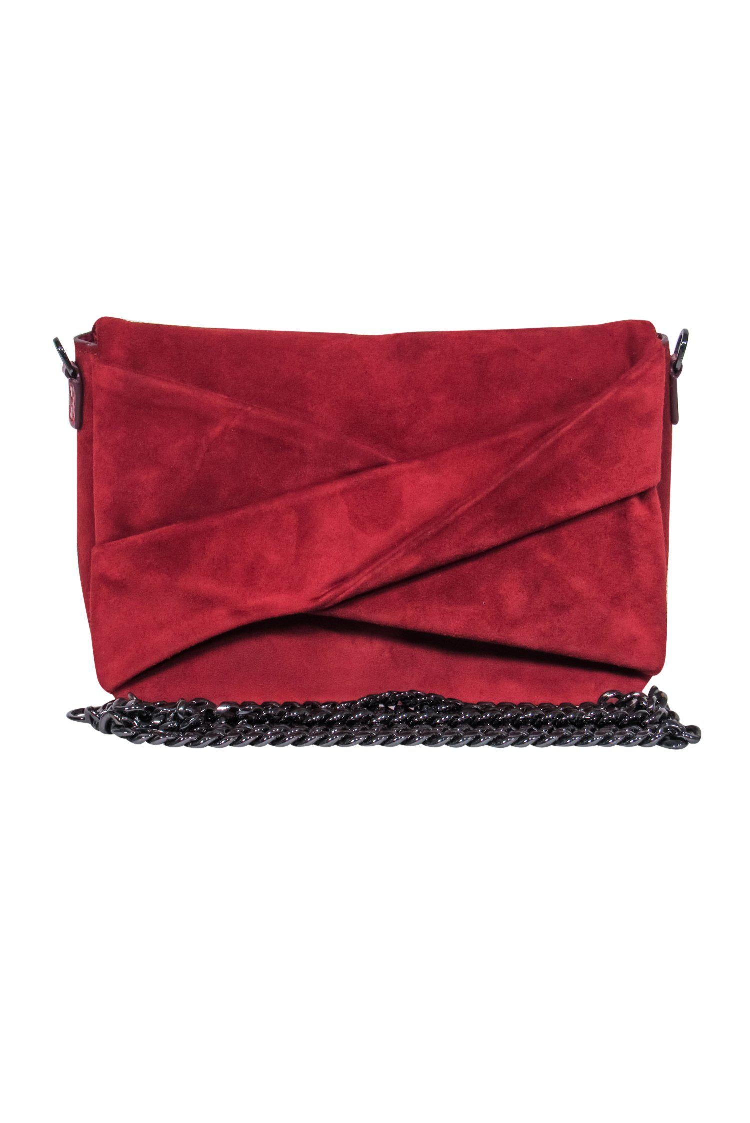 Halston's Brick Red Suede Fold-Over Gunmetal Chain Crossbody - A Luxurious Must-Have!