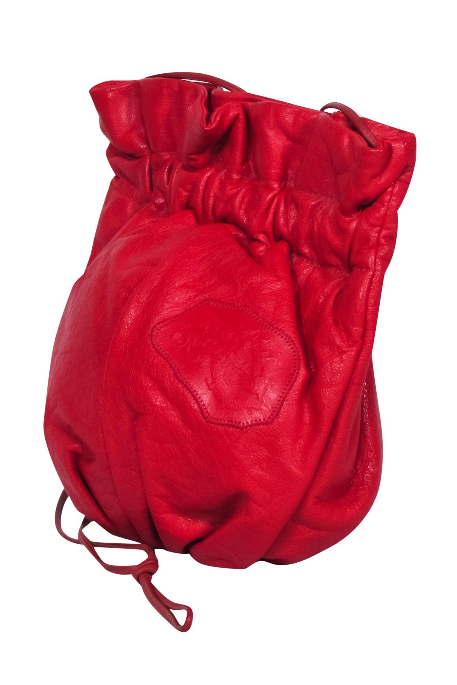 Carlos Falchi Red Leather Mini Crossbody Bucket Bag with Pouch