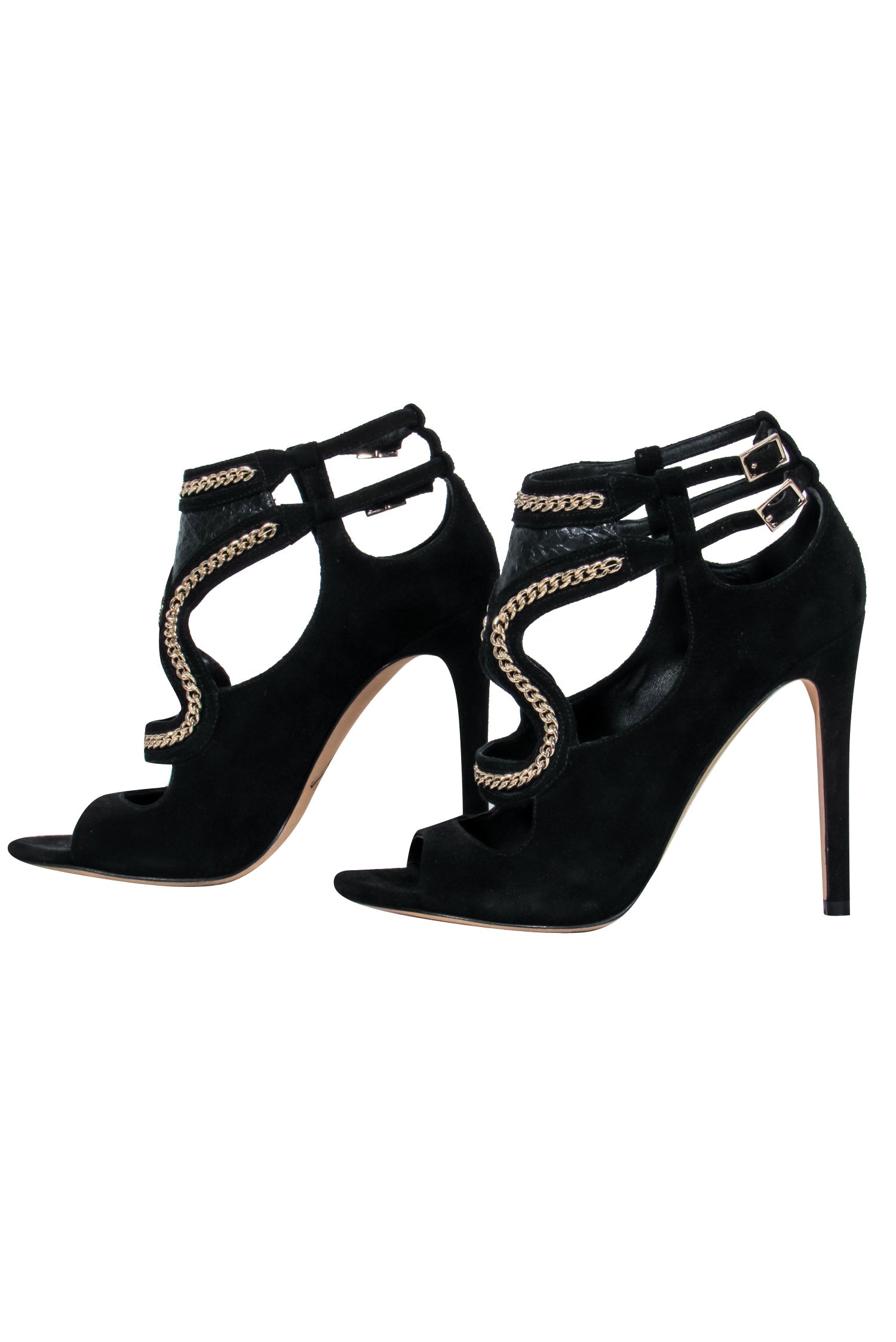 Brian Atwood Black Suede Strappy Peep - Toe Heels with Gold Chain: Unleash Your Inner Rockstar, Size 5.5