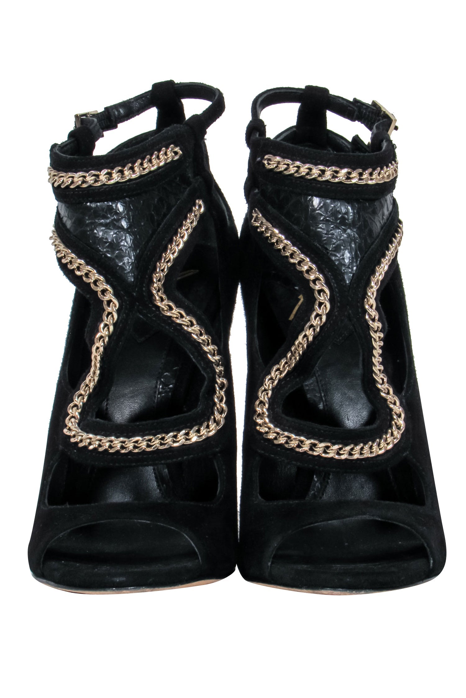 Brian Atwood Black Suede Strappy Peep - Toe Heels with Gold Chain: Unleash Your Inner Rockstar, Size 5.5