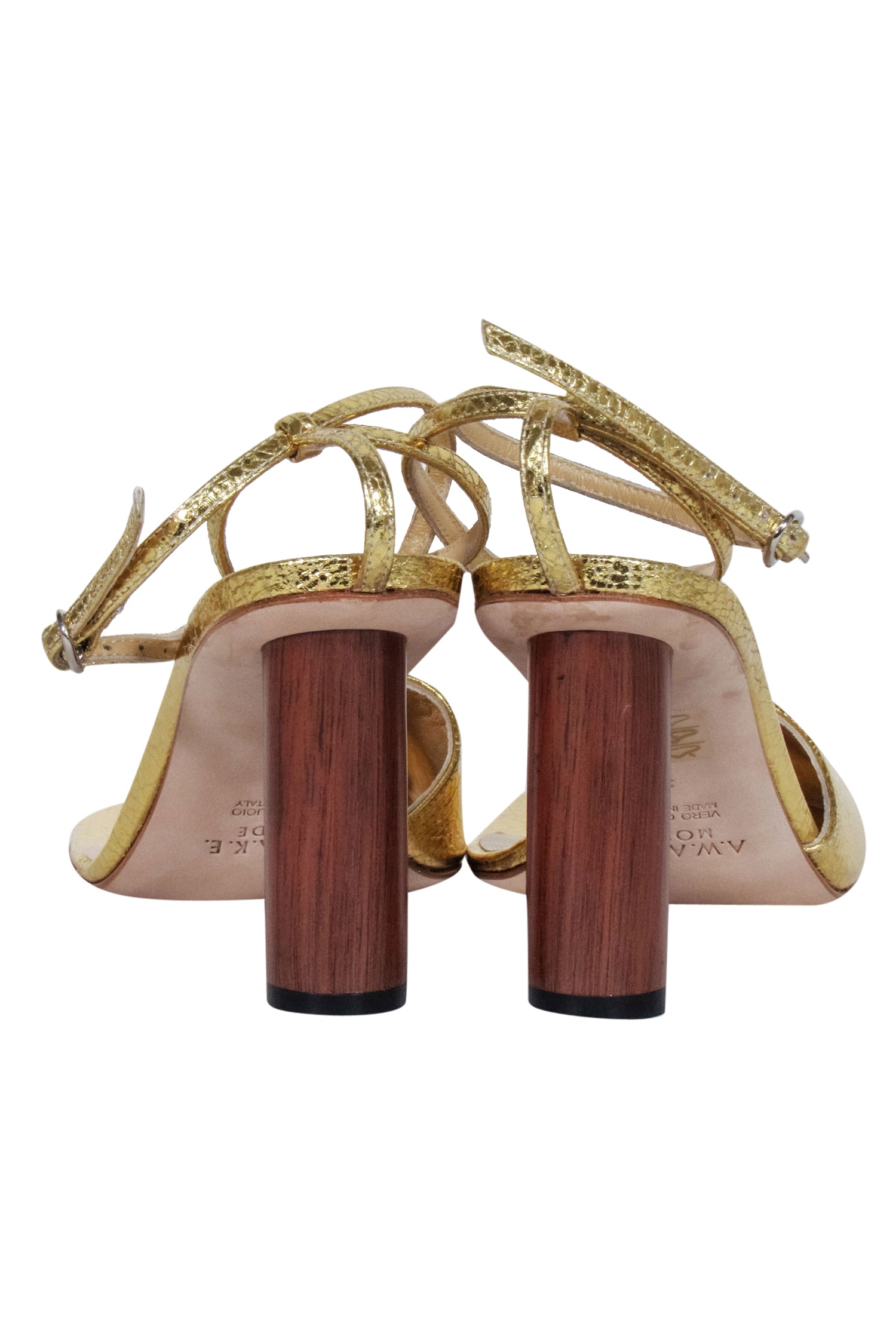 A.W.A.K.E. Mode - Stunning Gold Crinkled Foil Asymmetric Open - Toe Heels in Size 8