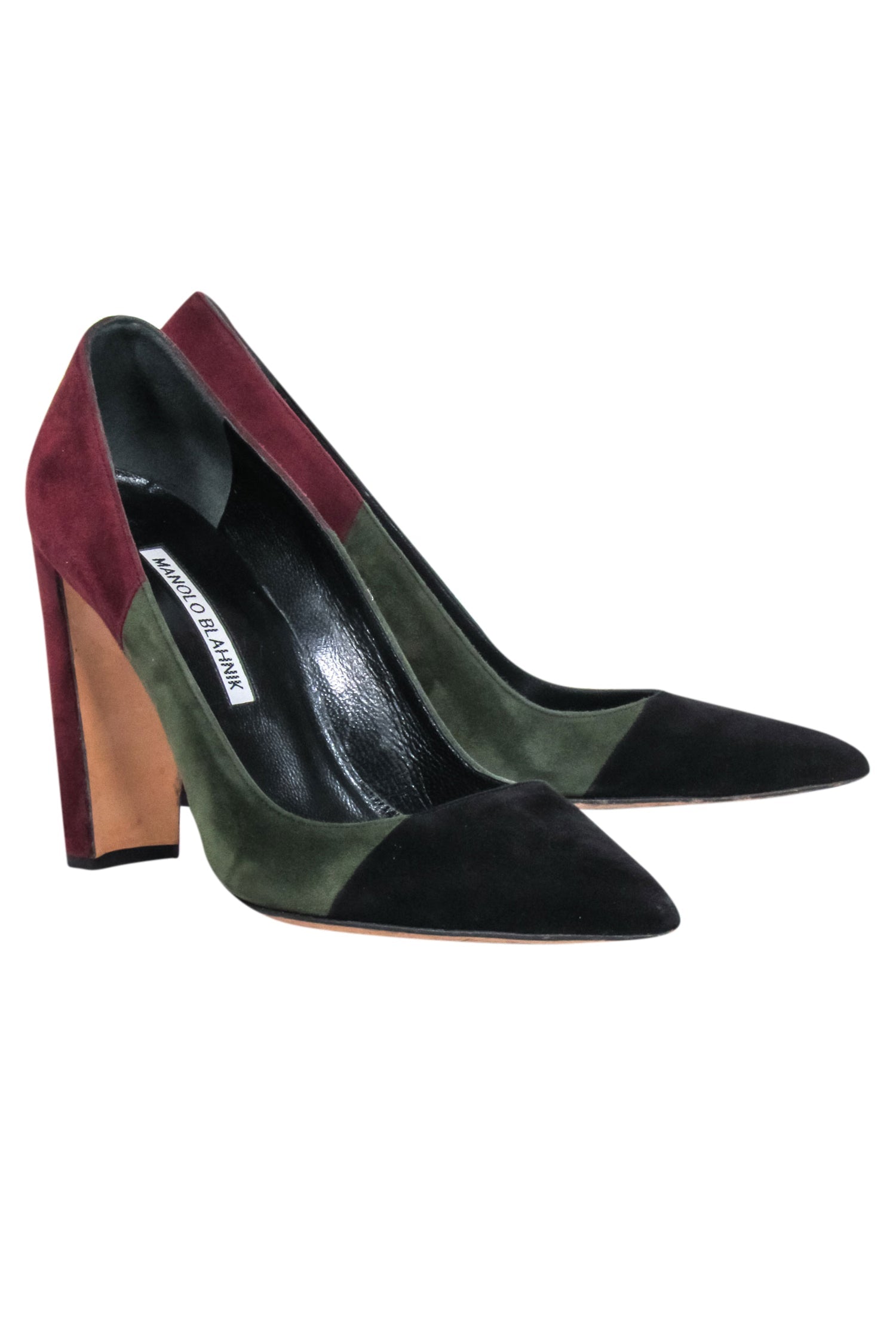 Manolo Blahnik - Stunning Maroon & Olive Green Color Block Pointed Toe Pumps in Size 8
