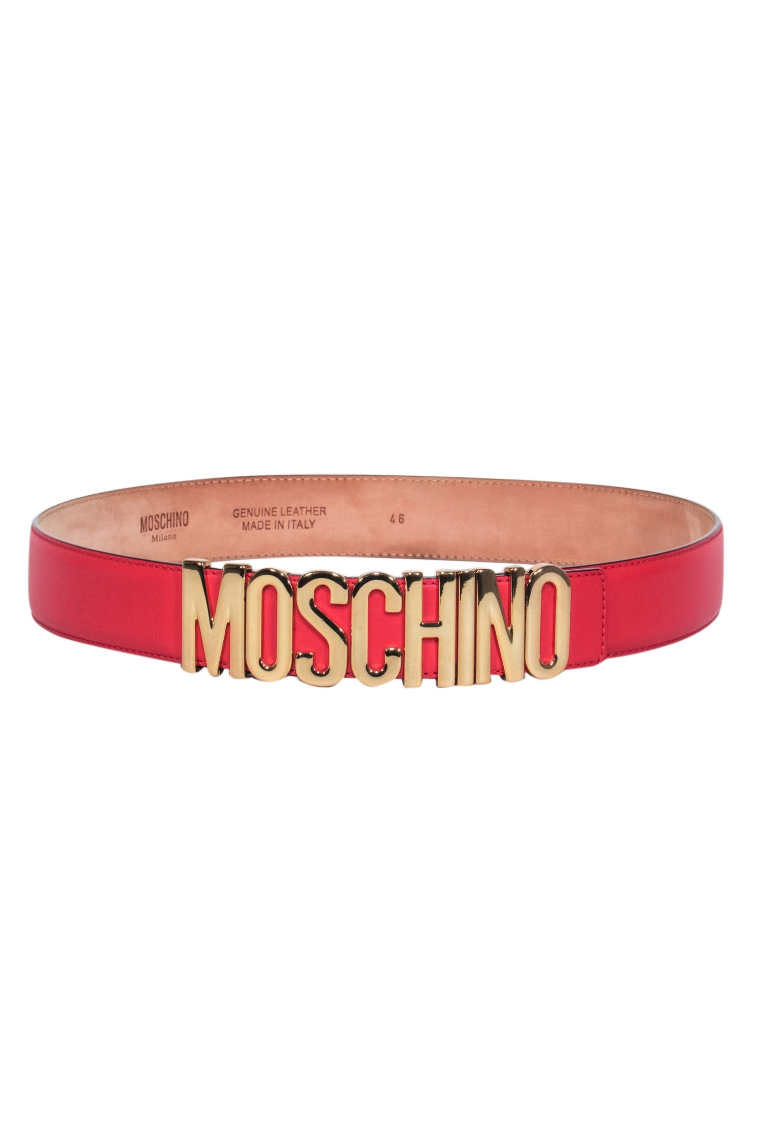 Moschino Red Leather Belt with Stunning Gold Lettering - Size 12