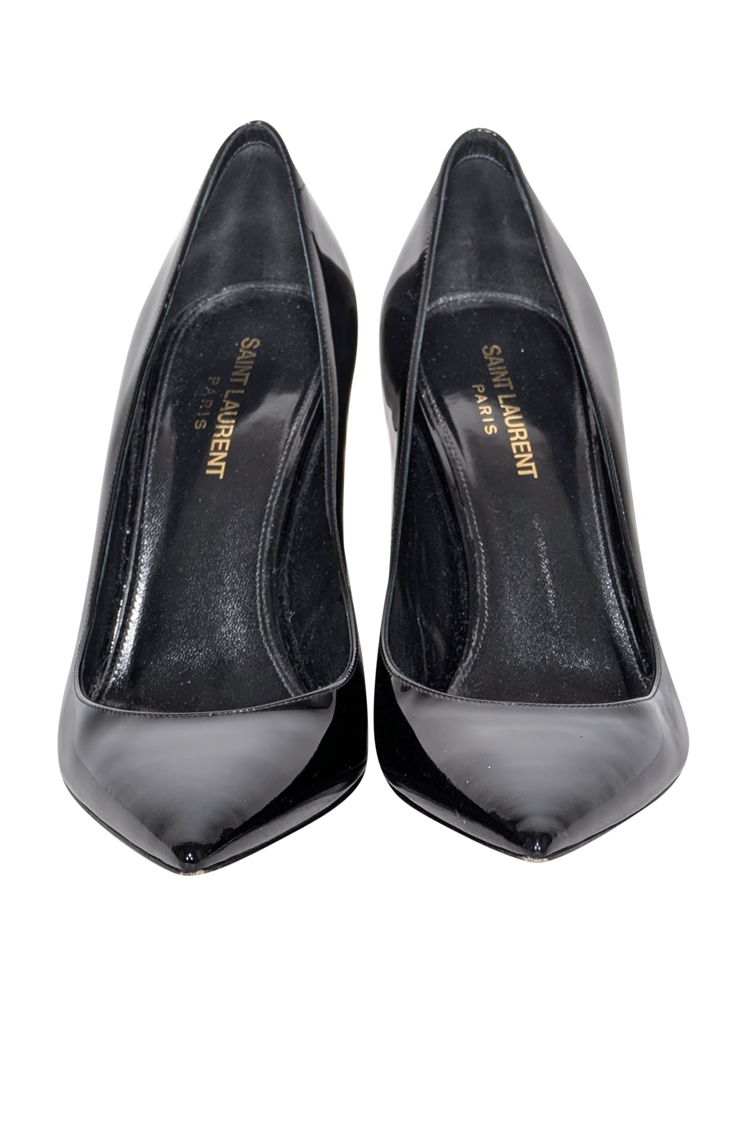 Yves Saint Laurent Black Patent Leather Pointed-Toe Logo Heel Pumps - Size 9.5