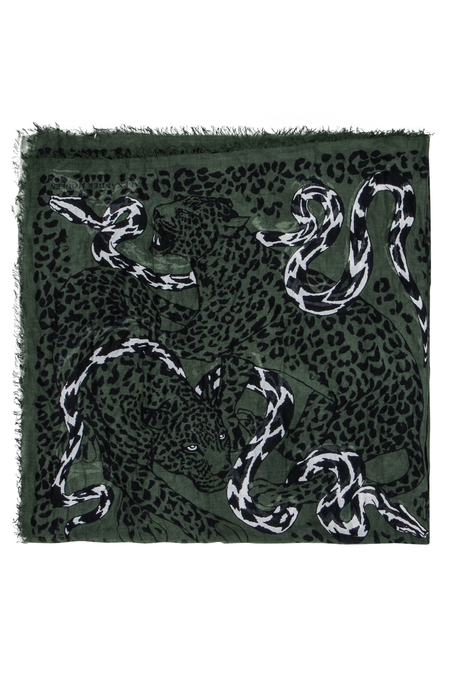 Alexander McQueen - Stunning Dark Green Leopard & Snake Printed Scarf with Frayed Edges