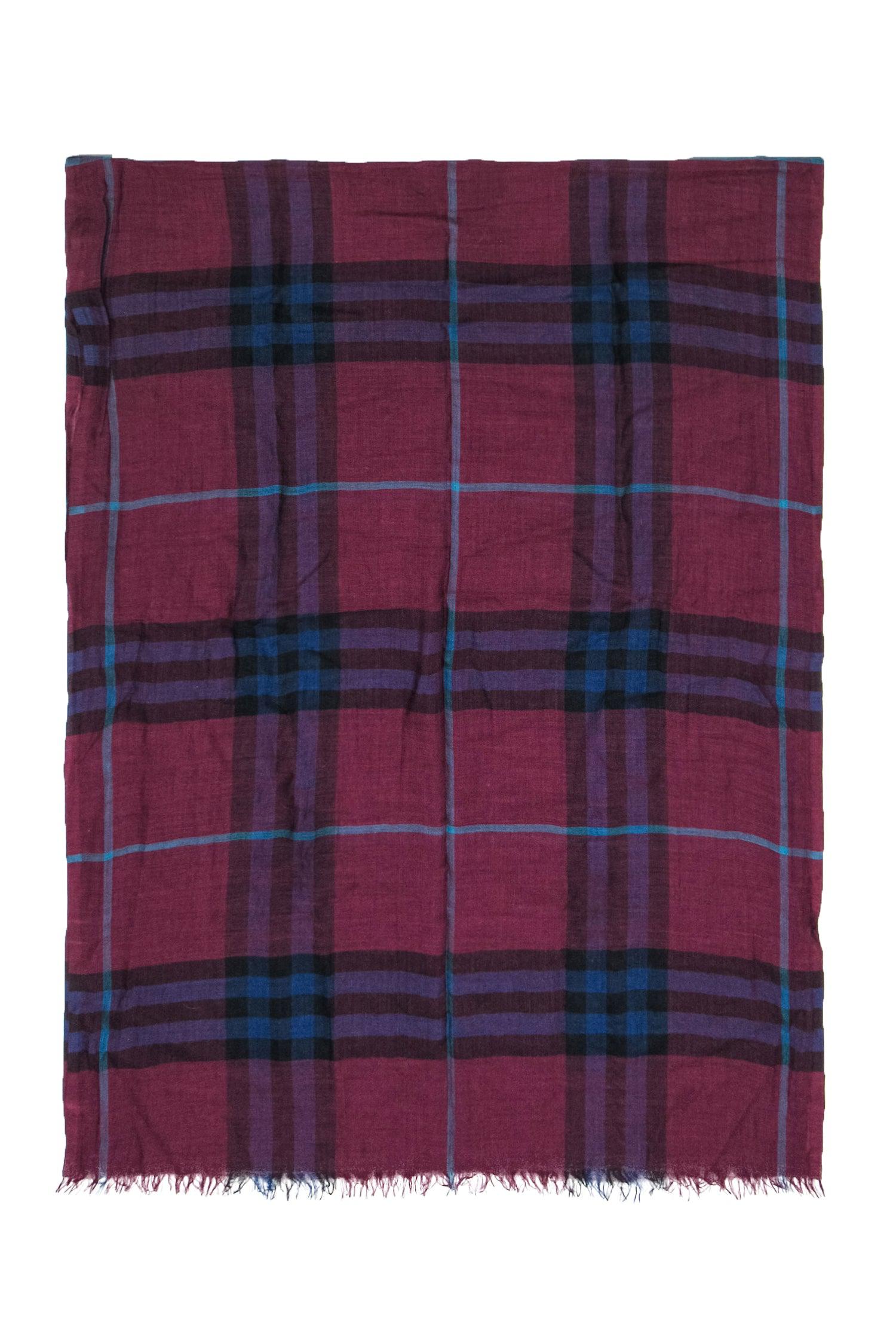 Burberry's Stunning Maroon, Navy & Teal Plaid Lightweight Scarf with Eyelash Fringe