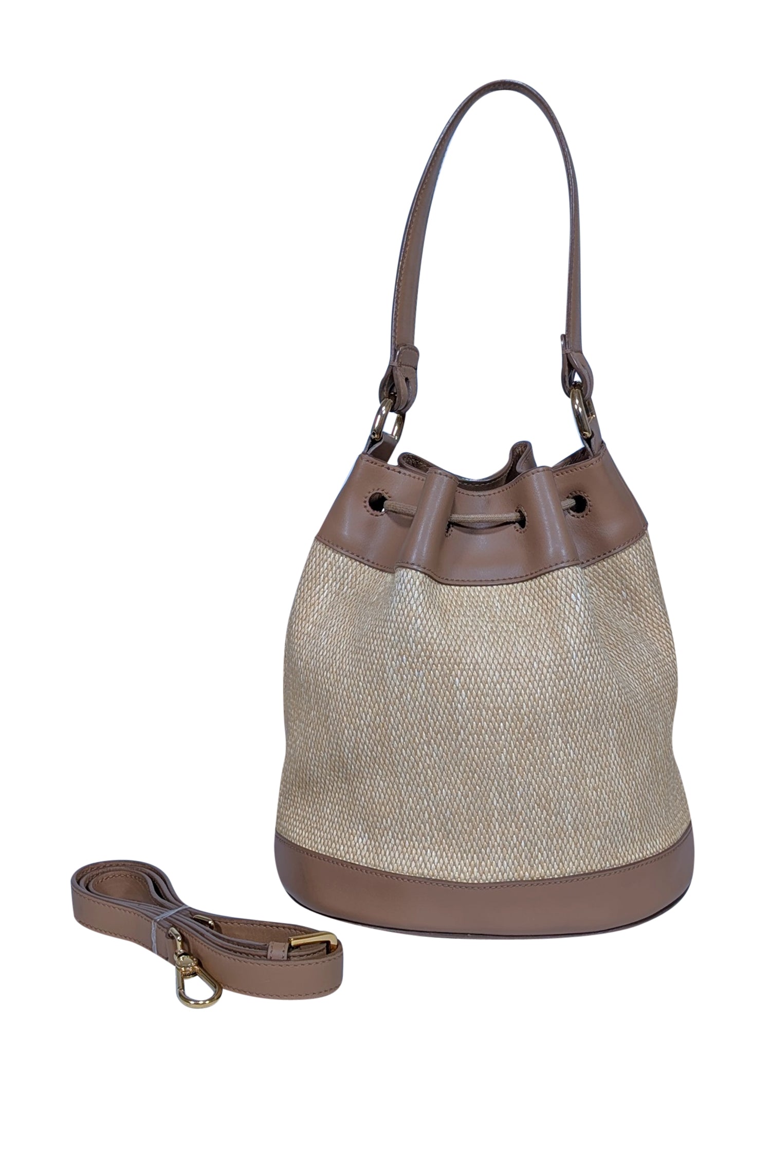 Furla's Irresistible Beige Raffia Bucket Bag with Genuine Leather Trims