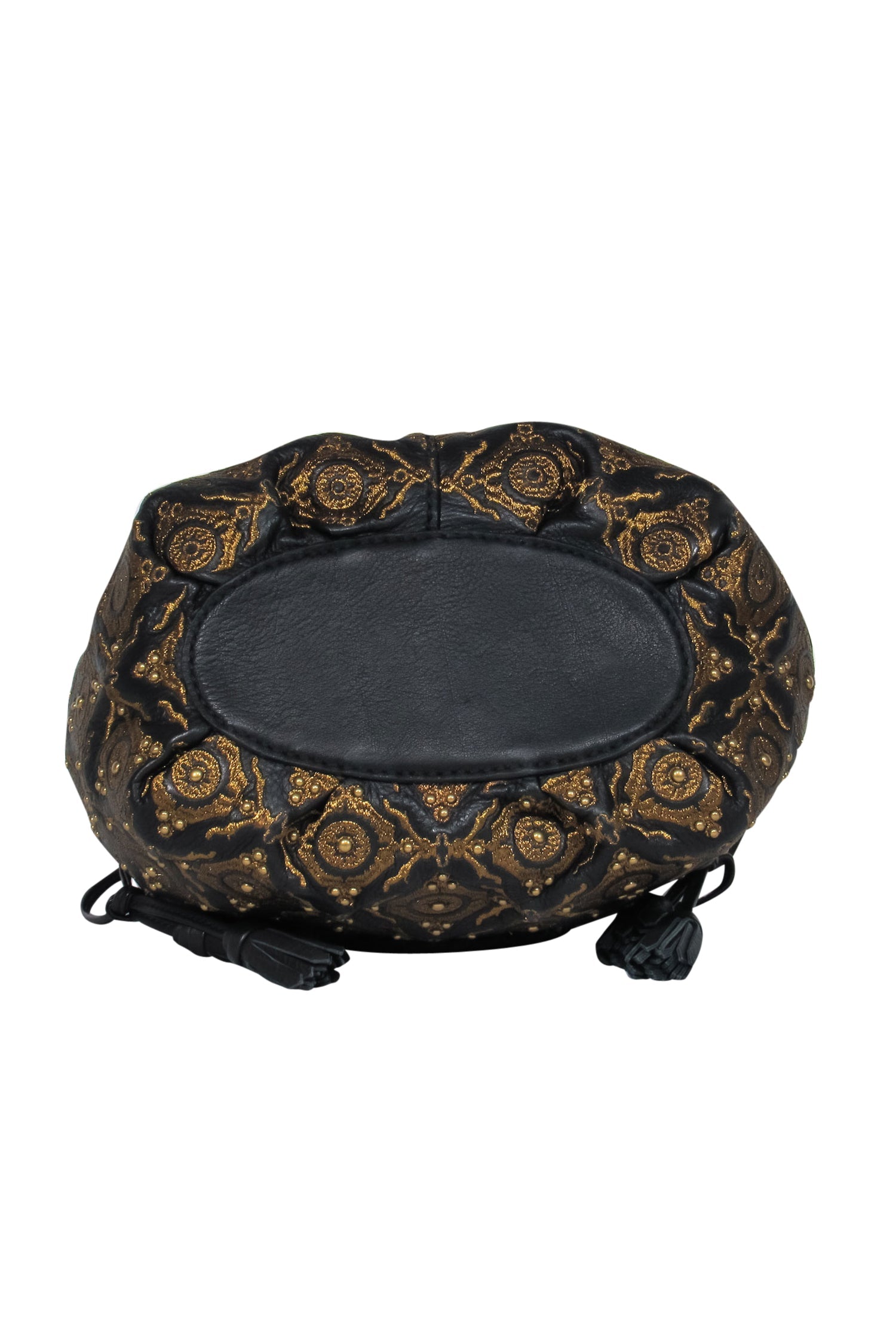 Isabella Fiore's Enchanting Black Leather & Gold Embroidered Grace Bucket Bag