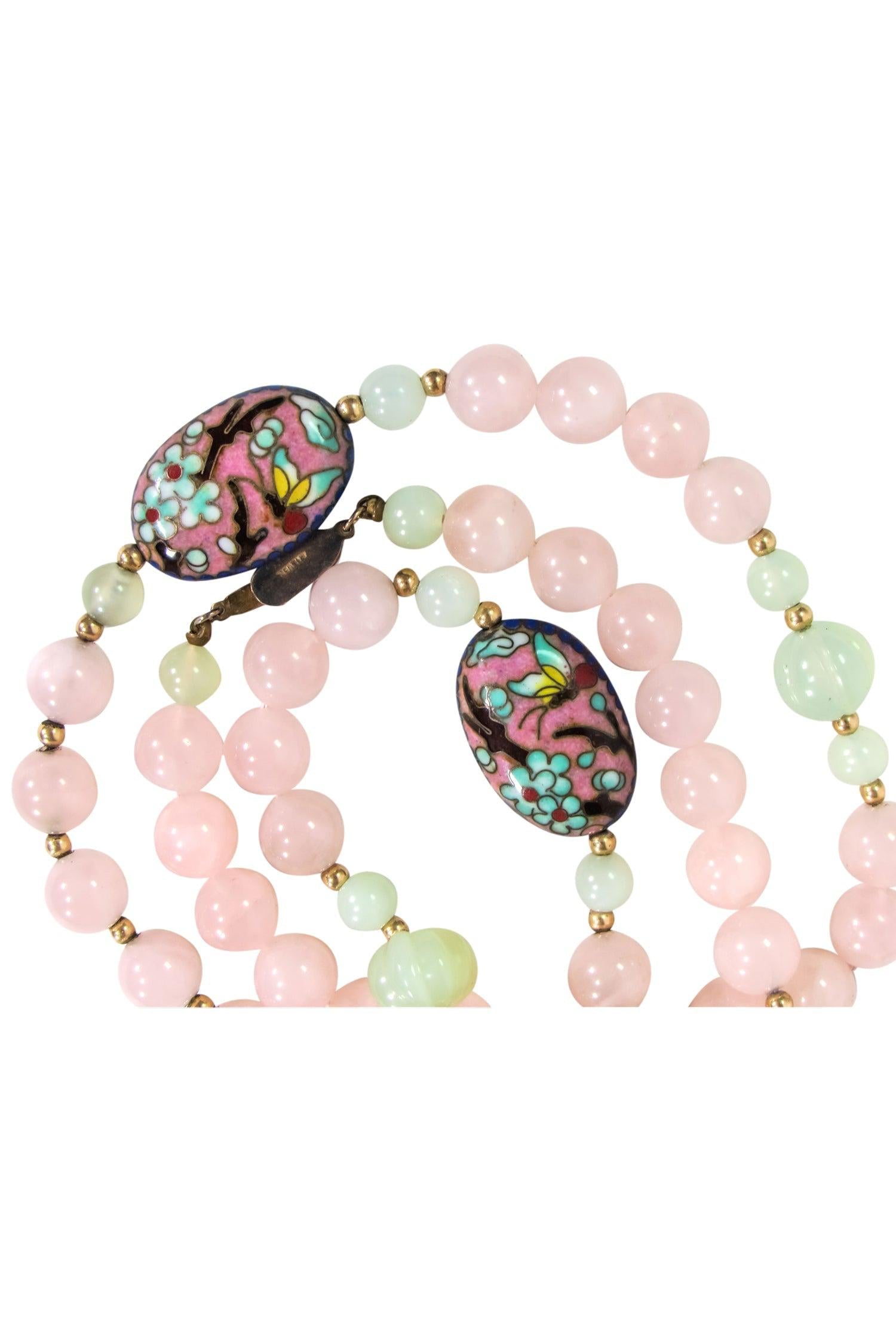 Gorgeous Pink & Green Jade Bead Necklace with Enamel Butterfly Pendants
