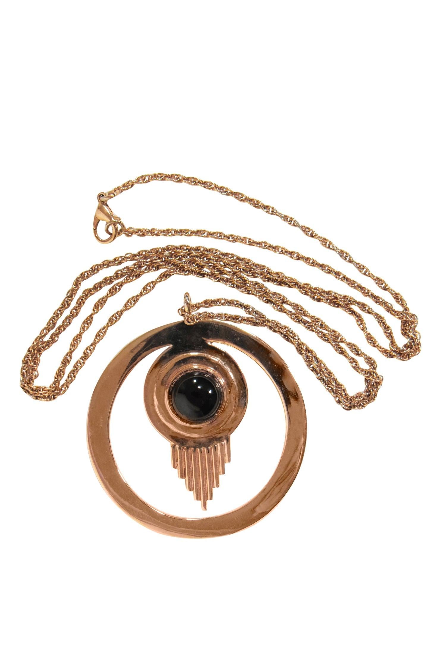 Sophie Blake's Rose Gold & Onyx Circular Long Pendant Necklace: A Sparkling Statement Piece
