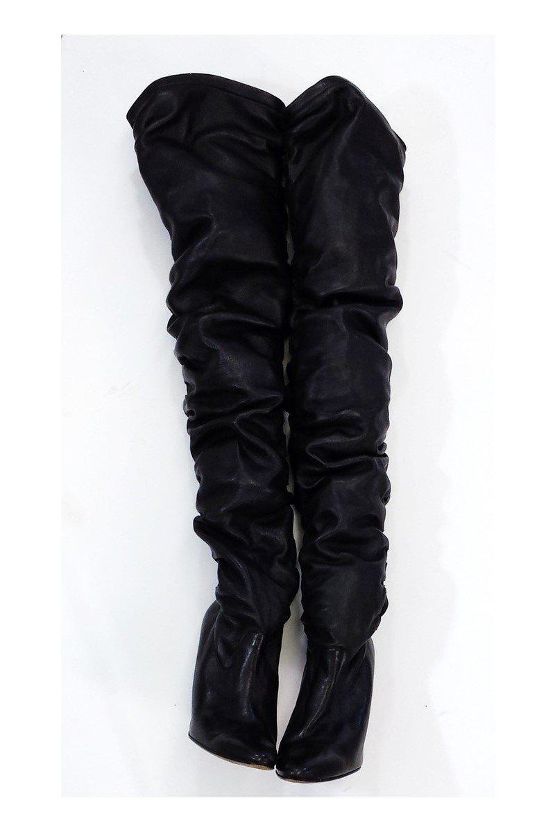 Manolo Blahnik's Stunning Black Leather Gathered Knee - High Boots in Size 5.5