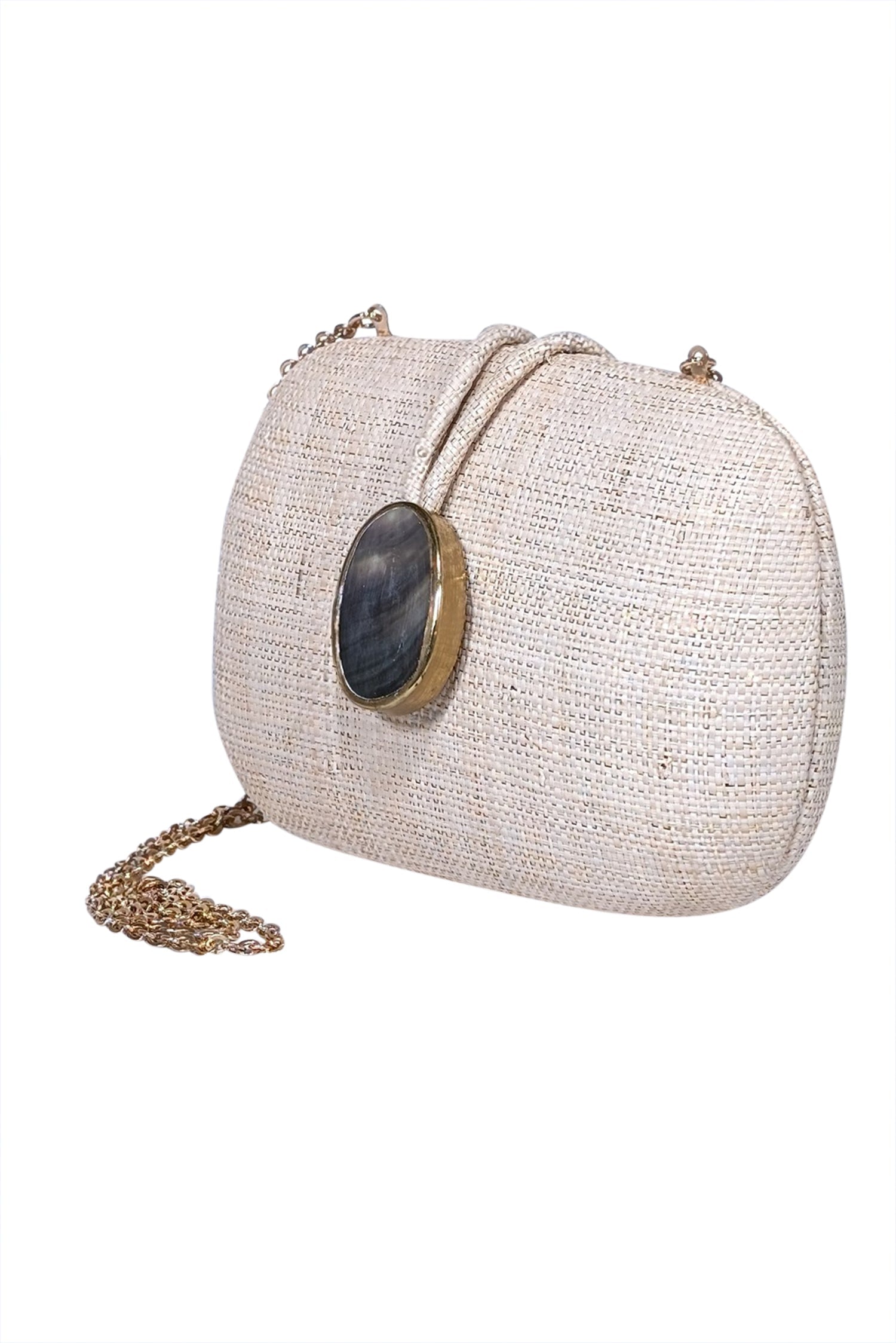 Kayu Beige Raffia Mini Bag with Glamorous Stone Closure