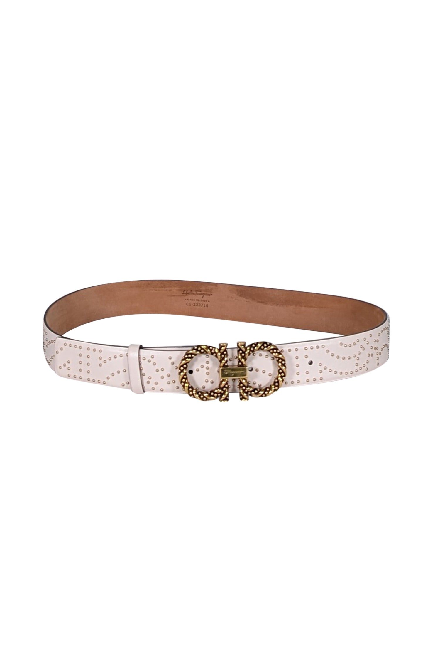 Ferragamo Cream Leather Studded Belt with Signature Buckle - Size M
