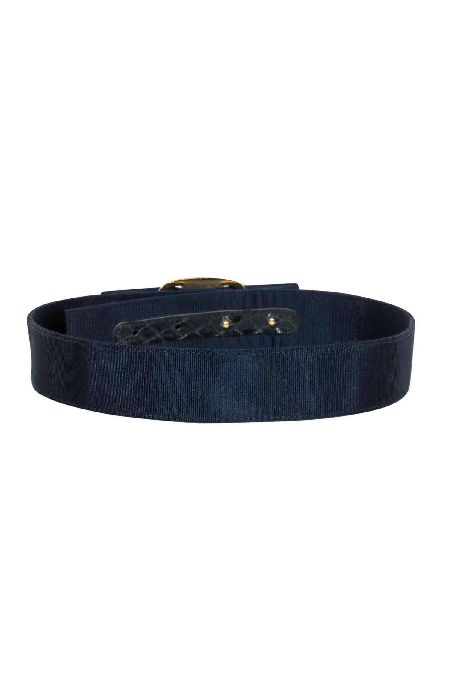 Ferragamo Navy Blue Belt with Stunning Gold Hardware