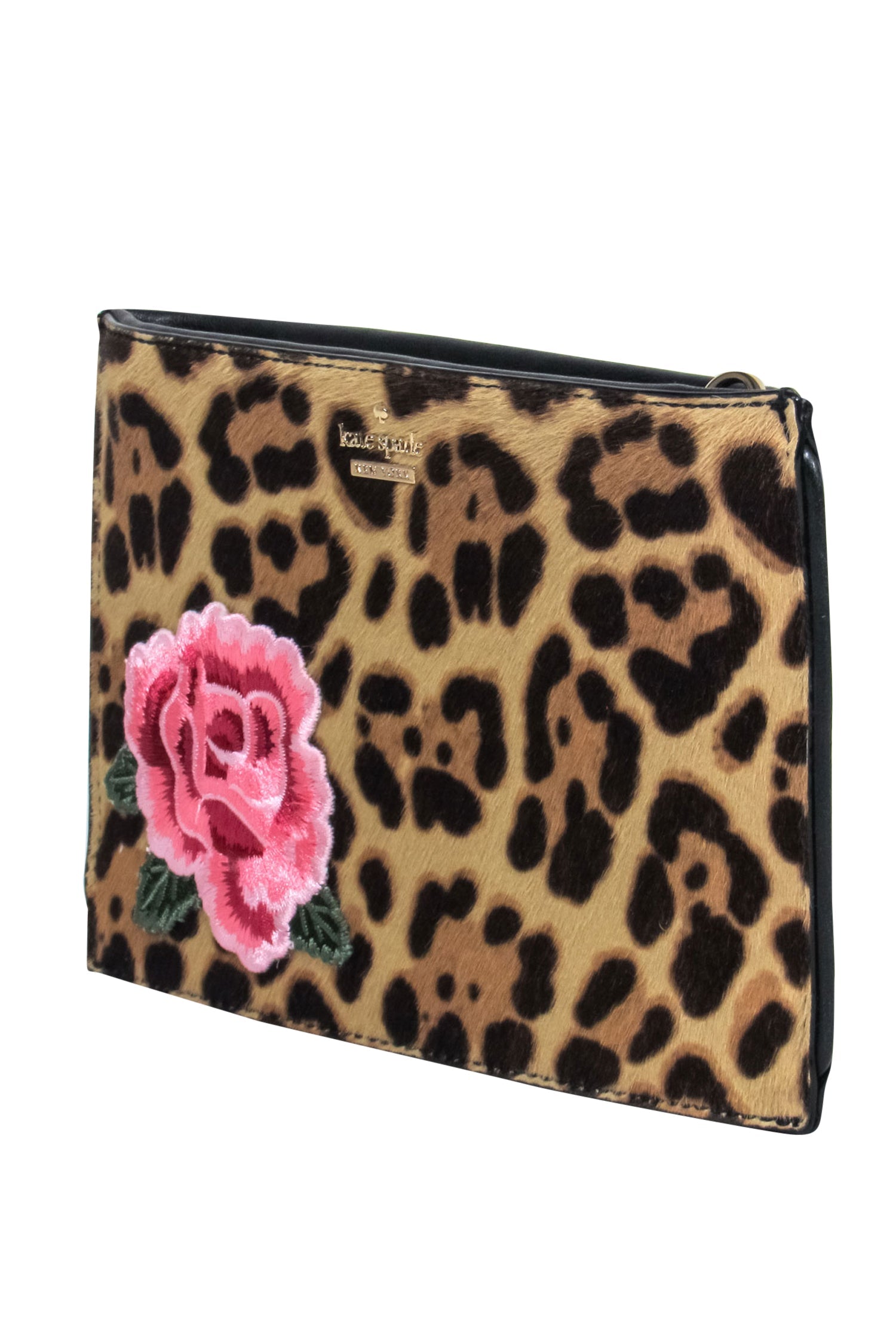 Kate Spade - Stunning Tan & Black Leopard Print Calf Hair Zippered Clutch with Floral Embroidery
