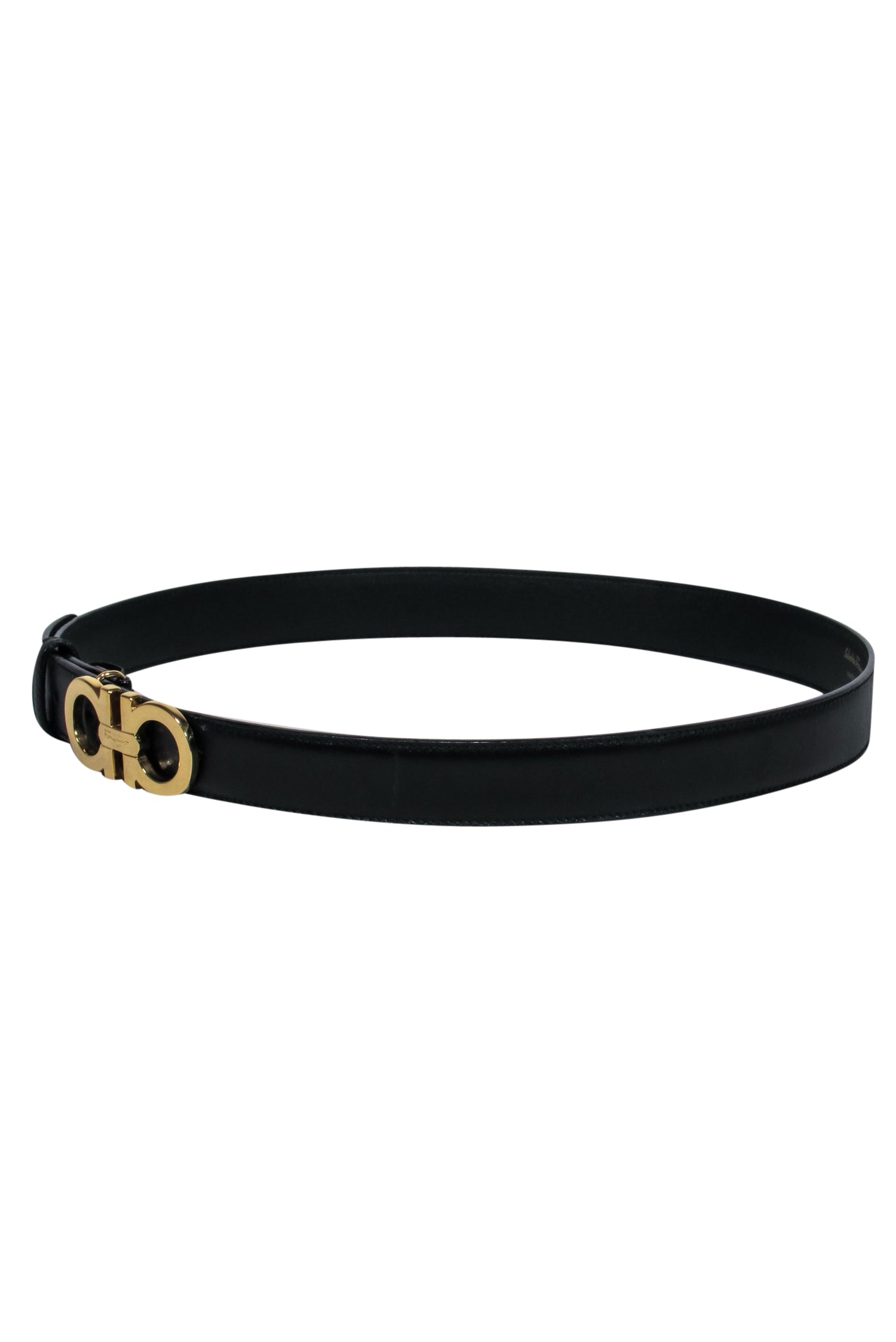 Ferragamo Black Leather Belt with Stunning Gold Logo Clasp