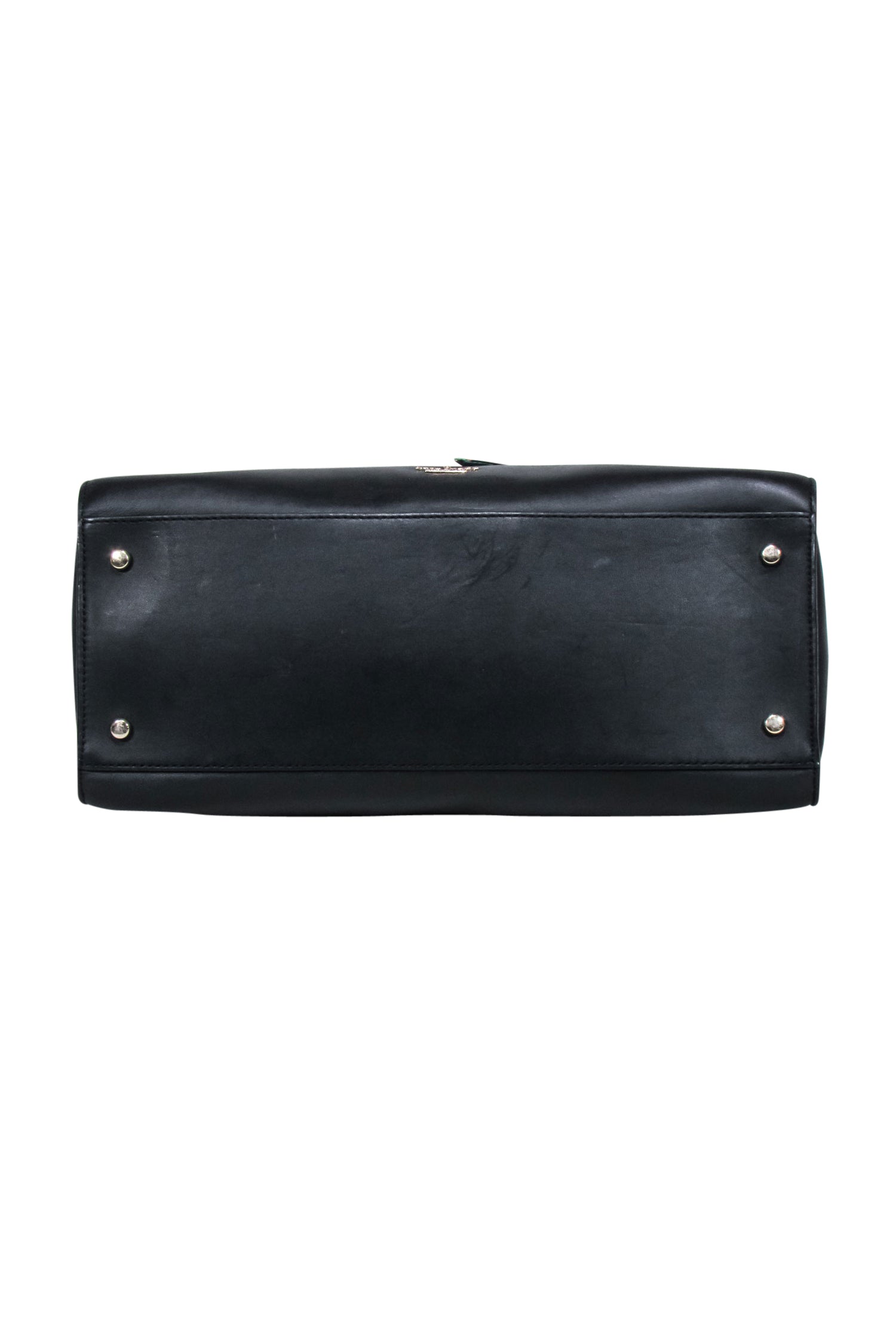 Kate Spade Black Leather Shoulder Bag with Elegant Wood Circle Handles and Charming Floral Detail