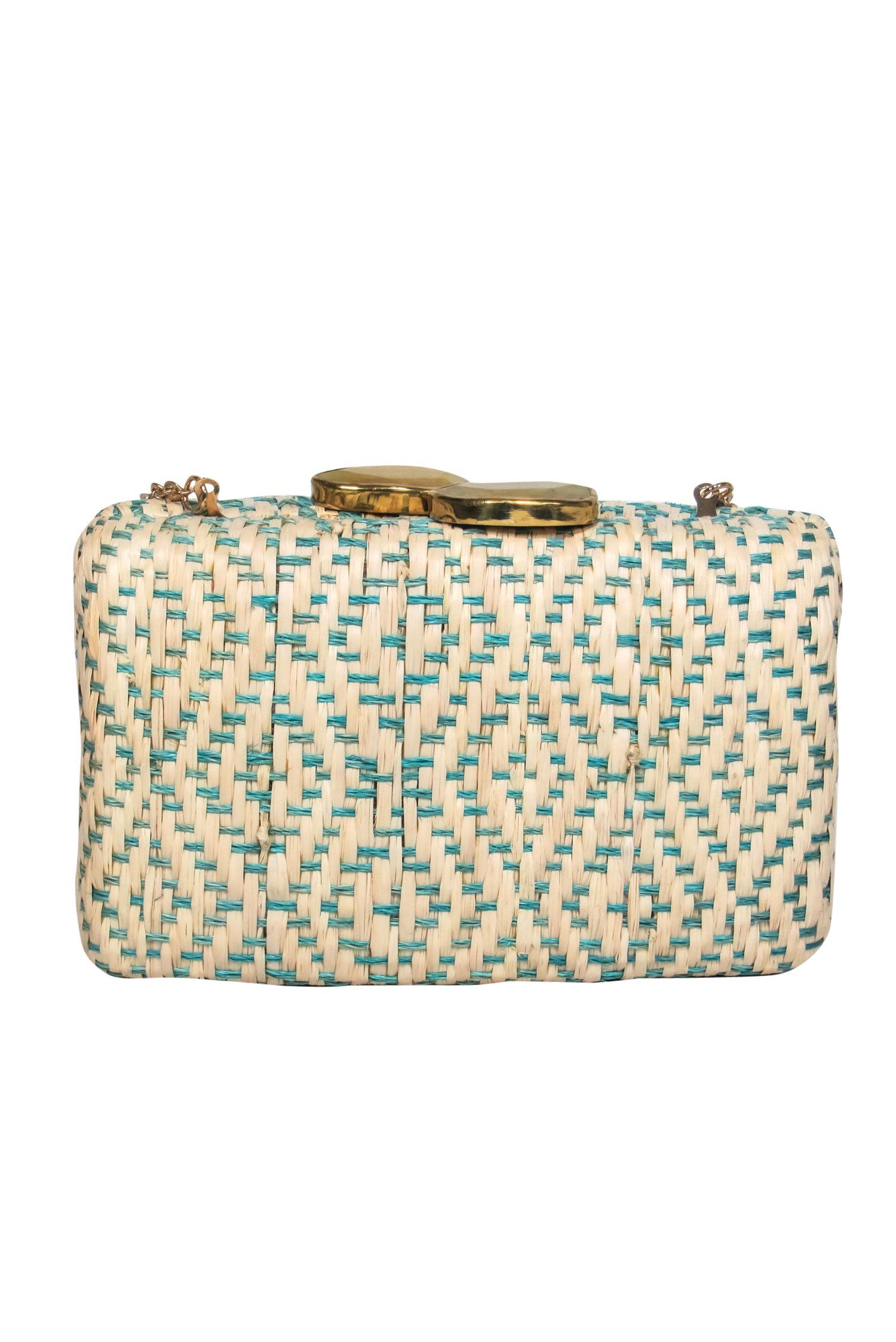 KAYU - Chic Beige & Teal Woven Wicker Crossbody with Gold Chain