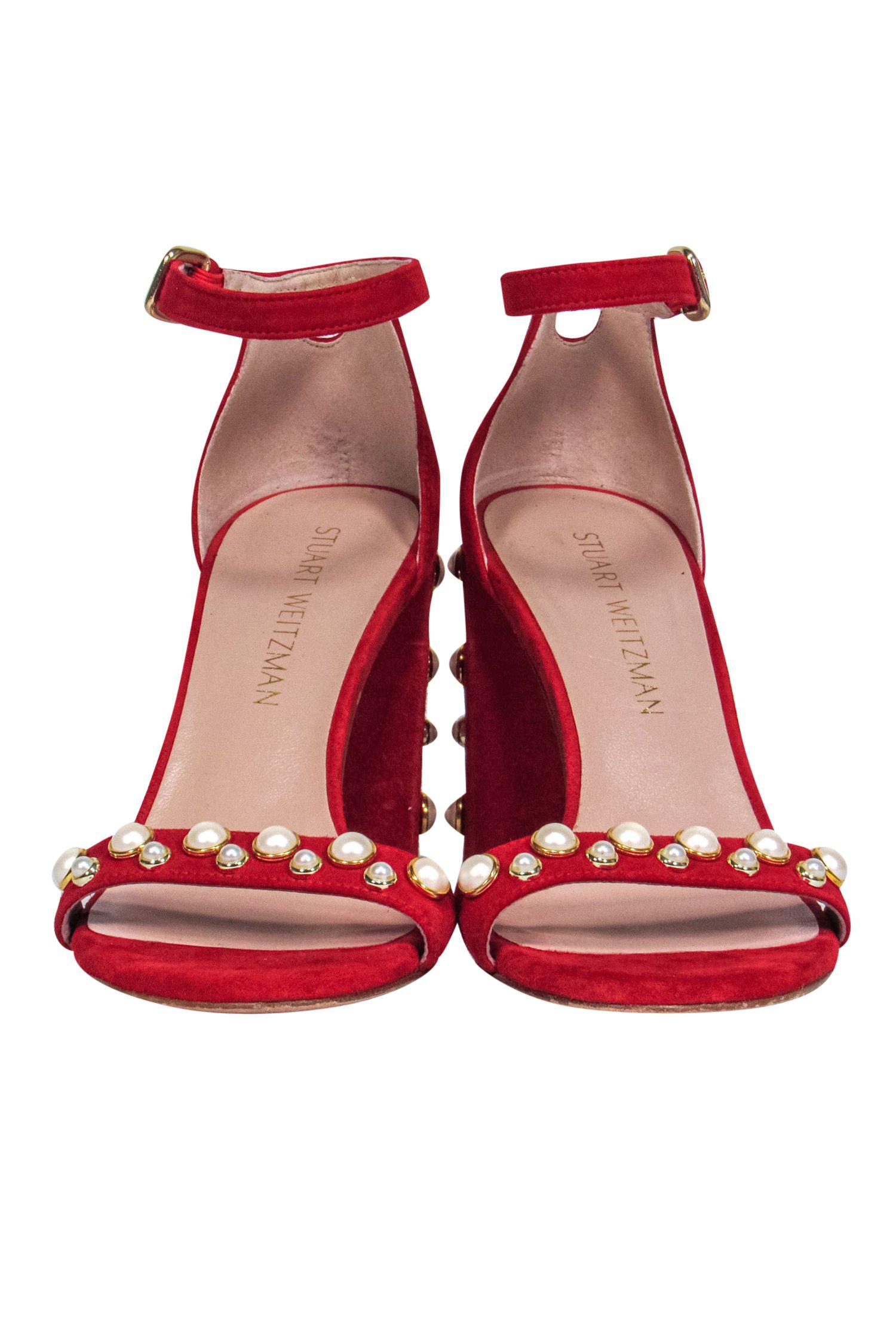 Stuart Weitzman's Glamorous Red Suede Strappy Pumps with Pearl Embellishments - Size 7.5