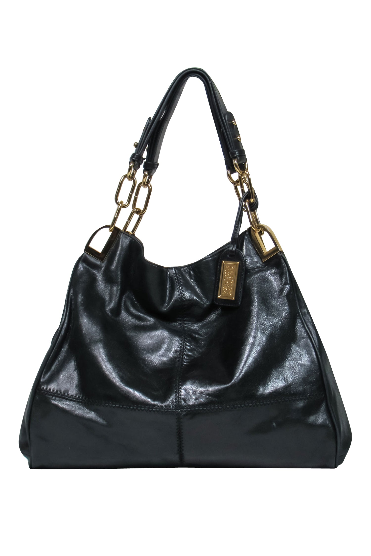 Badgley Mischka - Stunning Large Black Leather Shoulder Bag with Gorgeous Gold Hardware