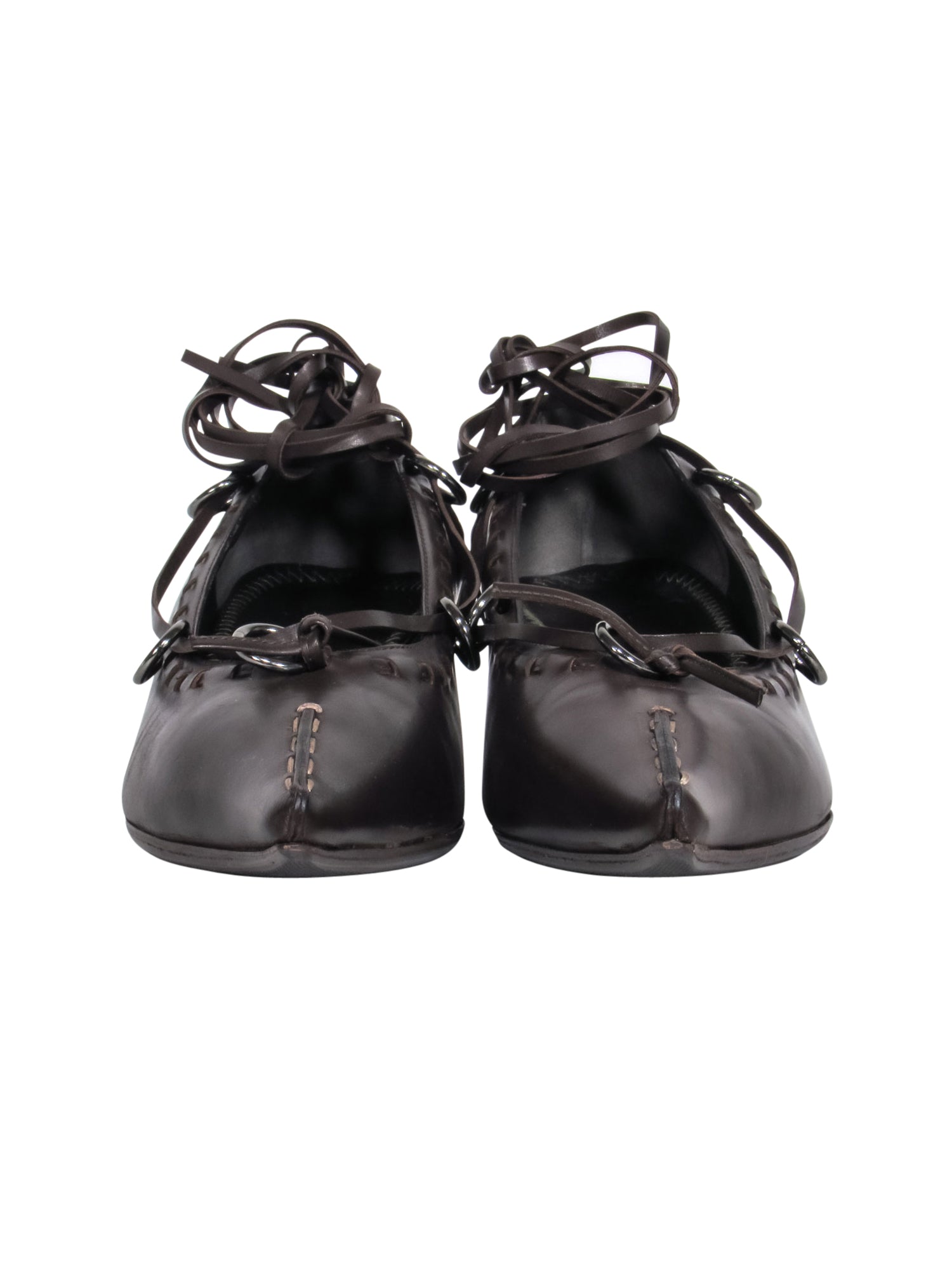 Fendi Brown Leather Pointy Toe Lace - Up Kitten Heels in Size 7.5: Vintage Glam!