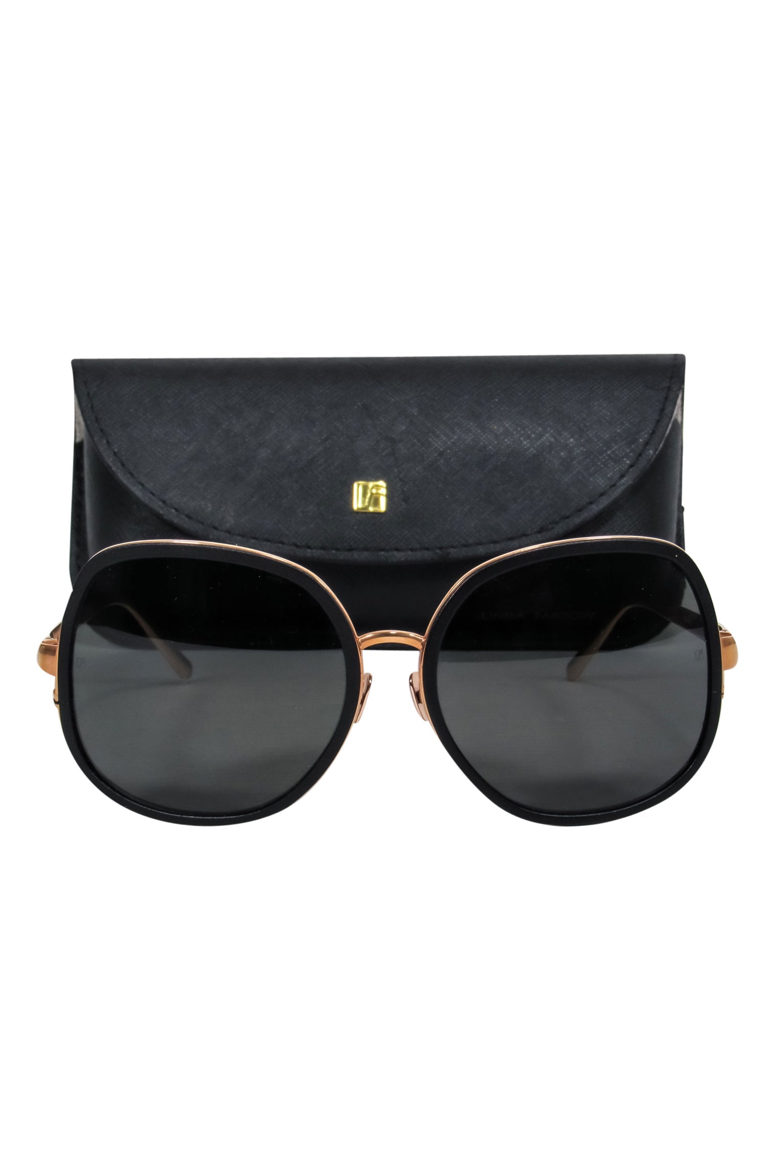 Linda Farrow - Stunning Black Matte Oversized Round Sunglasses with Gold - Toned Frame