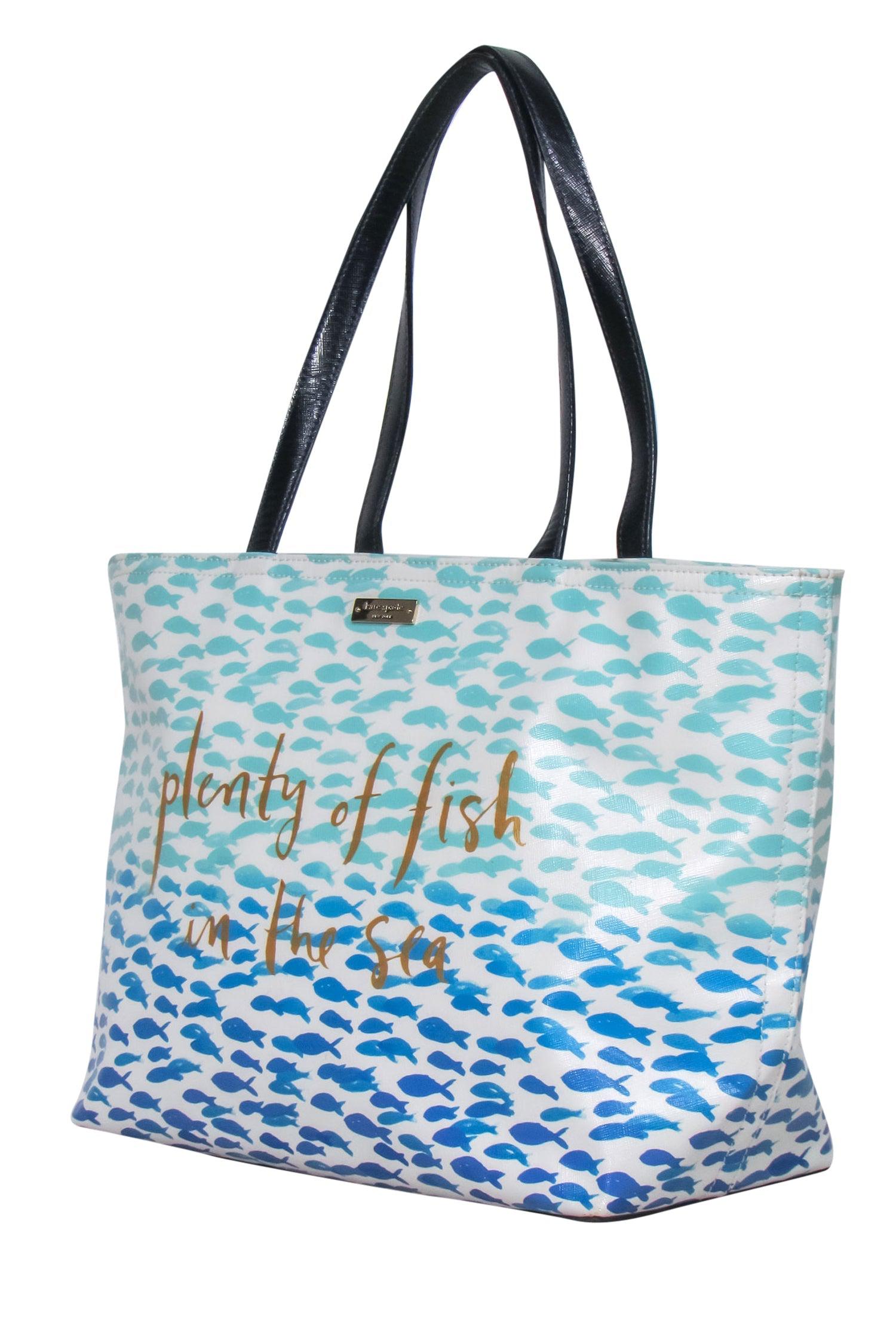 Kate Spade - Stunning White & Blue Fish Print Leather Tote with 'Plenty of Fish in the Sea' Text