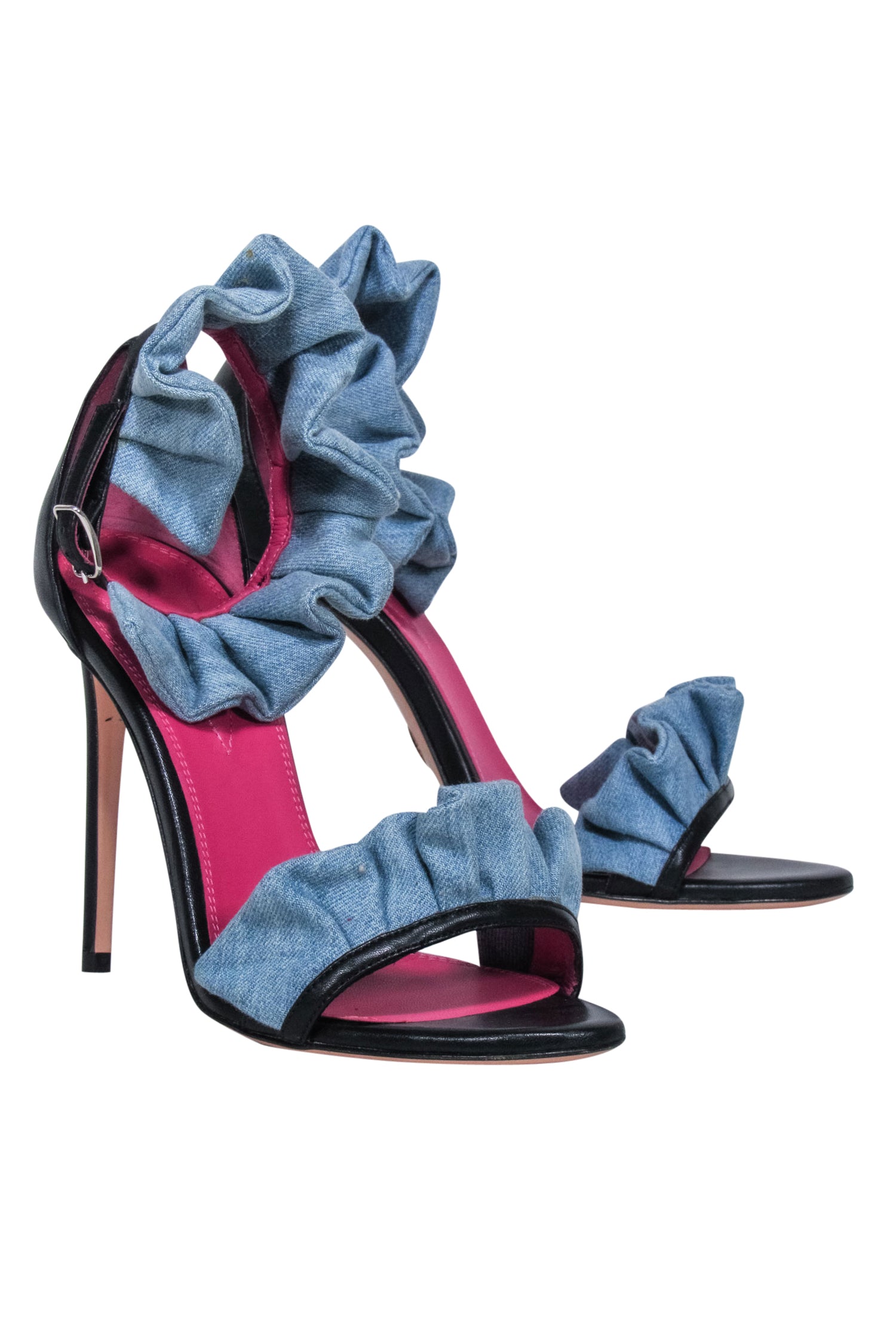 Oscar Tiye - Alluring Blue Denim Ruffle Strappy Leather Pumps in Size 7