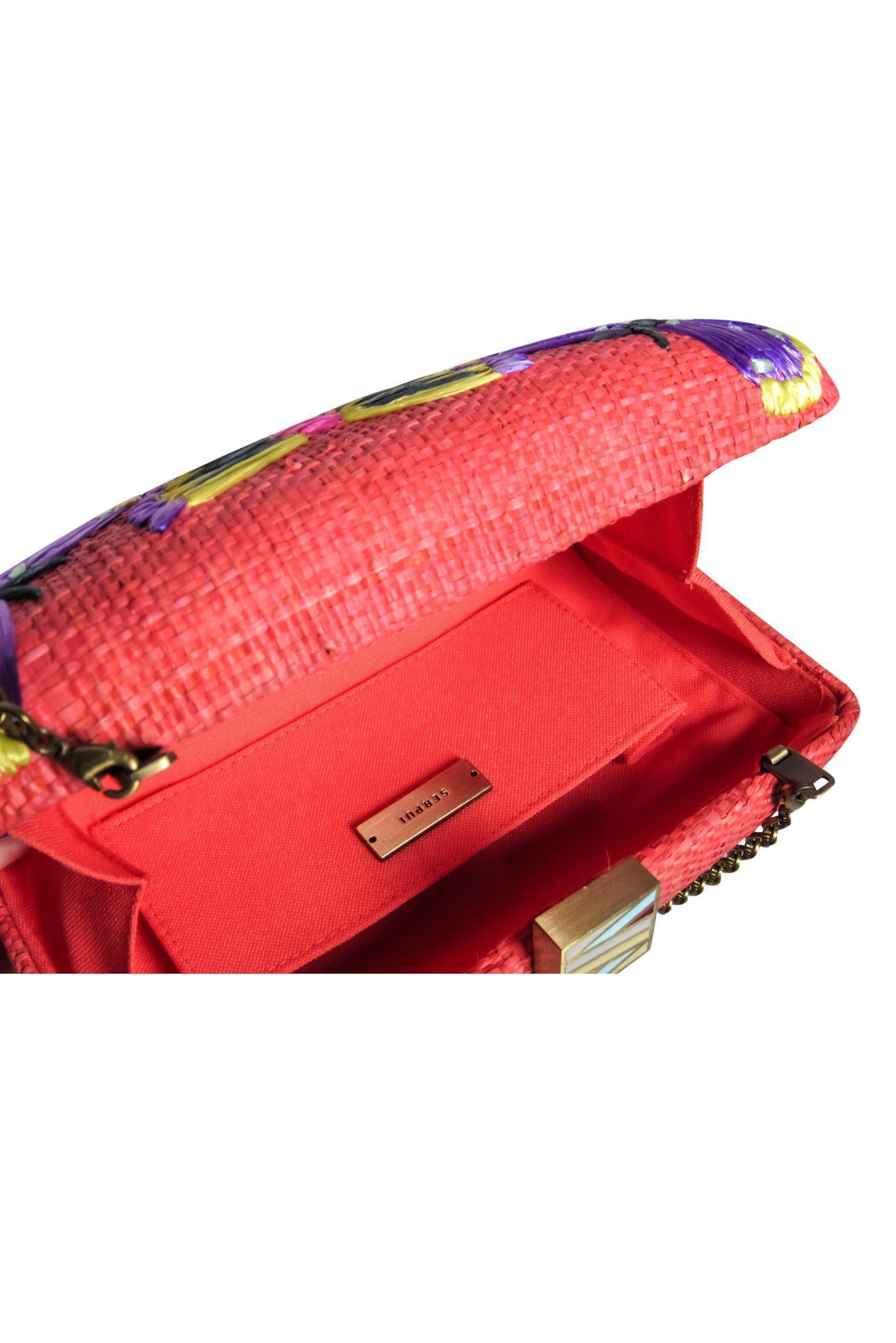 Serpui - Stunning Coral Wicker Structured Chain Crossbody with Butterfly Embroidery
