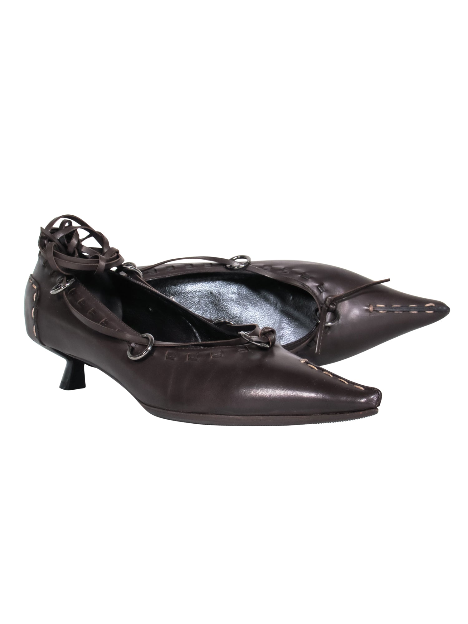 Fendi Brown Leather Pointy Toe Lace - Up Kitten Heels in Size 7.5: Vintage Glam!