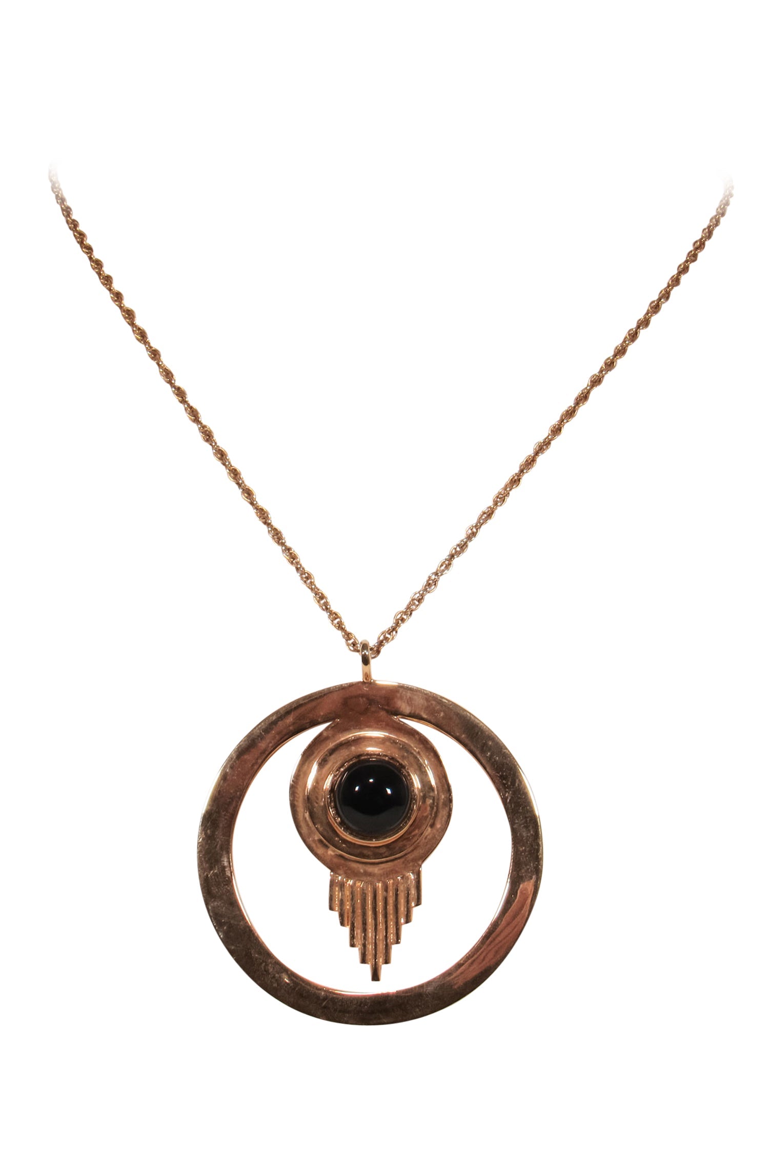 Sophie Blake's Rose Gold & Onyx Circular Long Pendant Necklace: A Sparkling Statement Piece