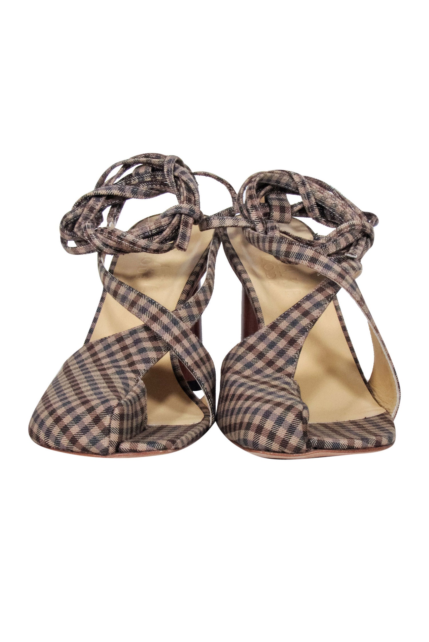 A.W.A.K.E. Mode 'Geraldine' Brown & Beige Gingham Asymmetric Open-Toe Heels - Size 8