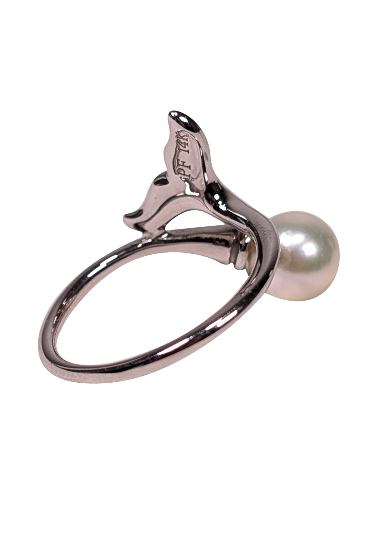 Pearl Factory's Enchanting White 14K Gold Ring with Center Pearl and Teal Mermaid Tail - Size 6