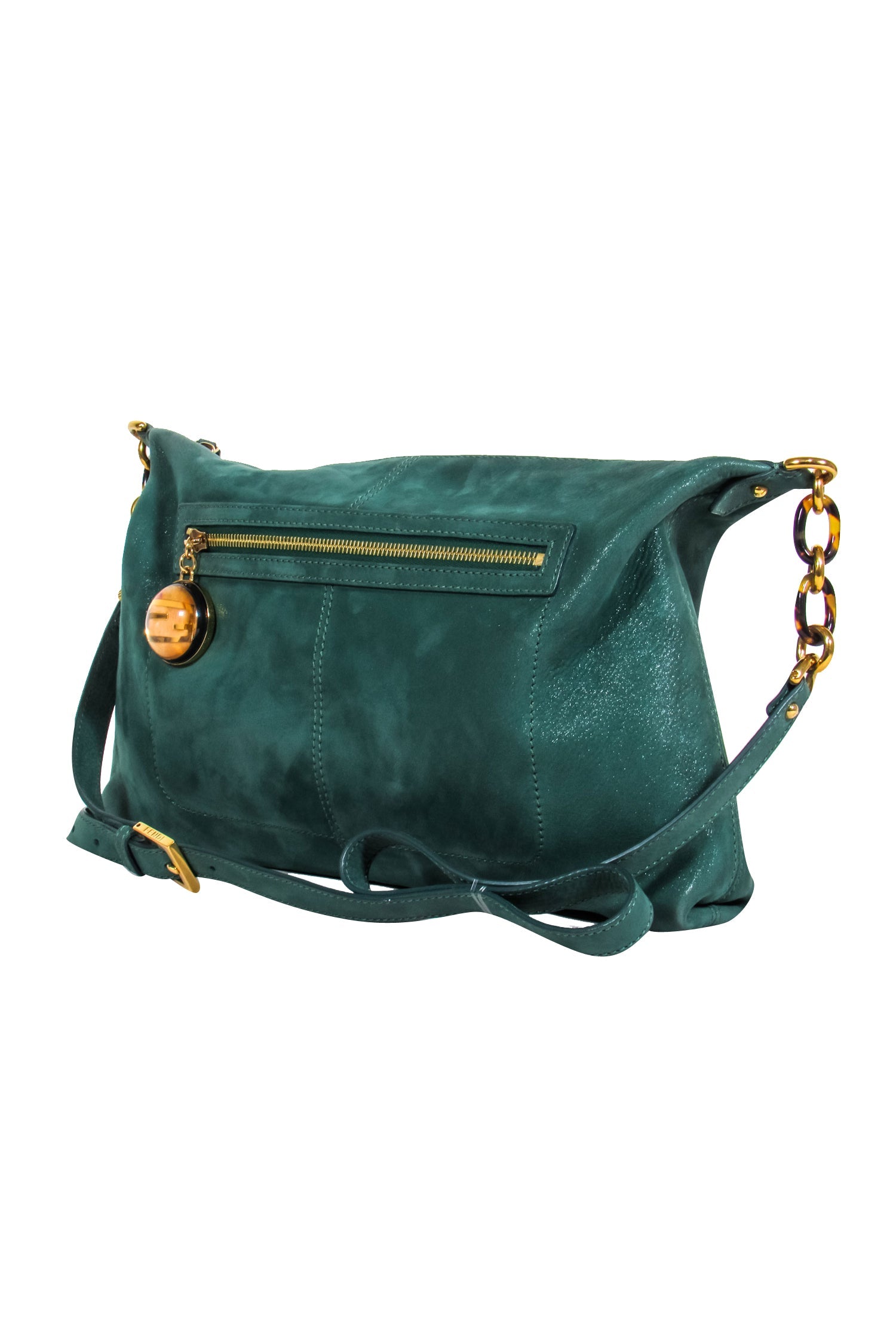 Fendi Metallic Green Suede Crossbody Bag with Tortoise Chain Link