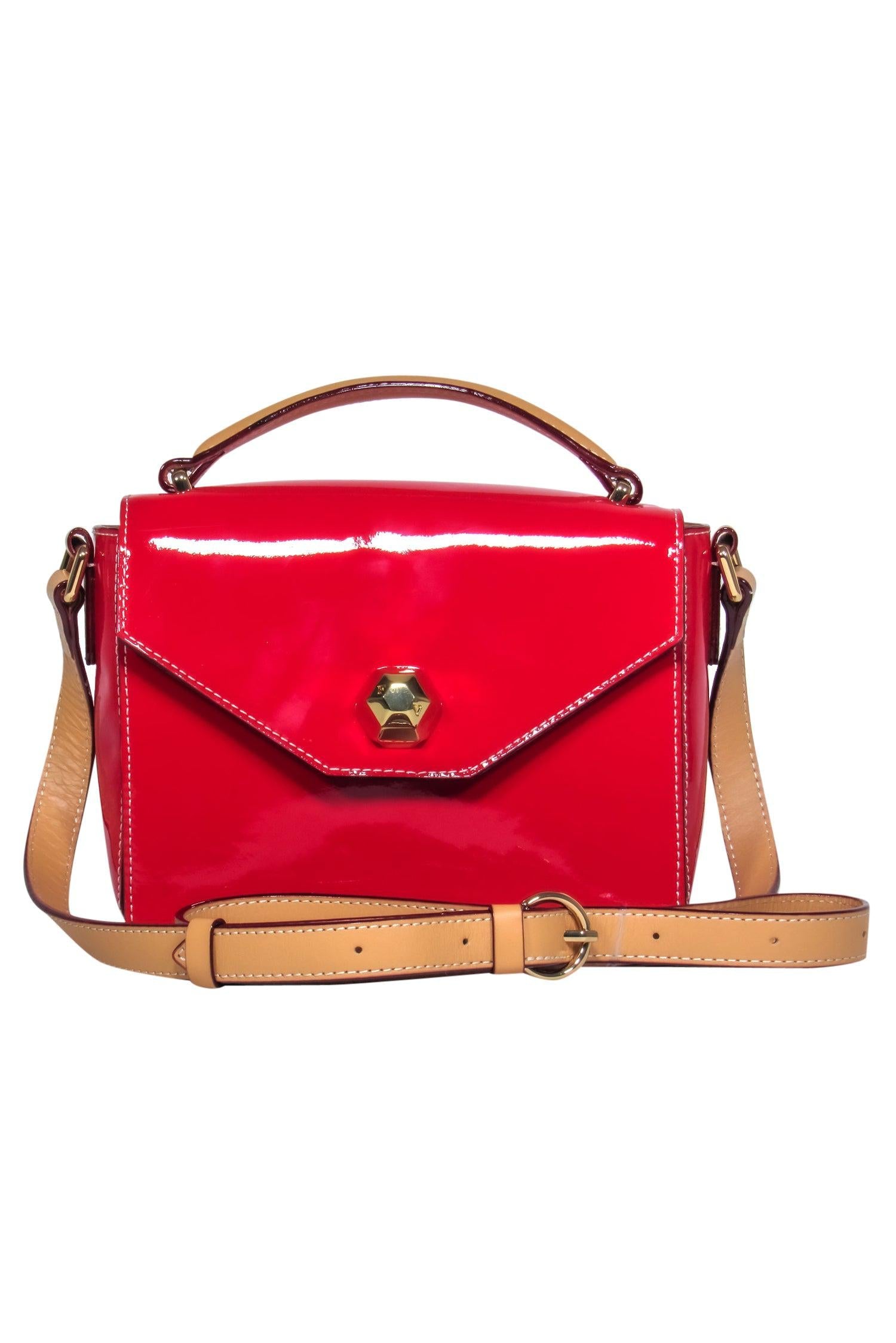 Frances Valentine - Stunning Red Patent Leather Fold-Over Snap Mini Midge Crossbody with Tan Trim