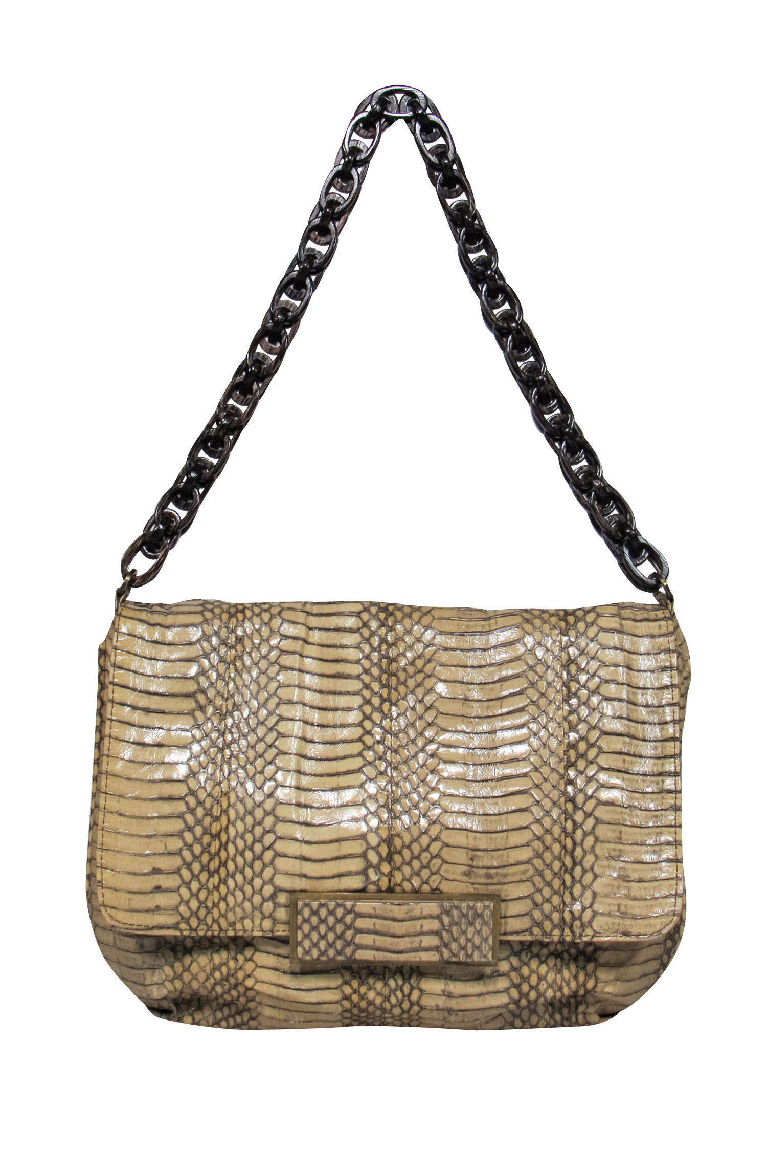 R&Y Augousti - Stunning Beige Snakeskin Shoulder Bag with Wooden Chain Handle
