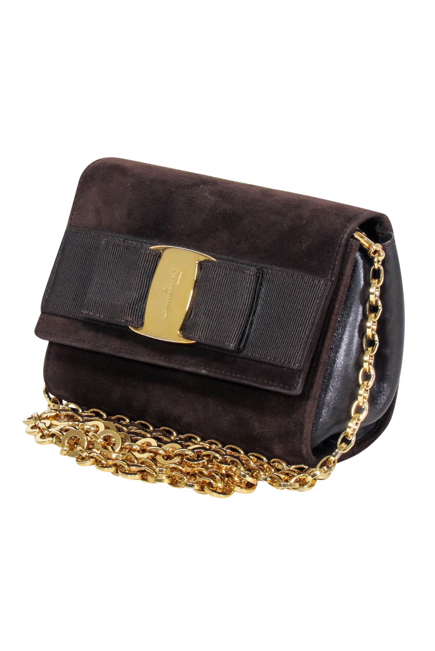 Ferragamo Brown Suede Mini Bag with Stunning Gold Chain Strap