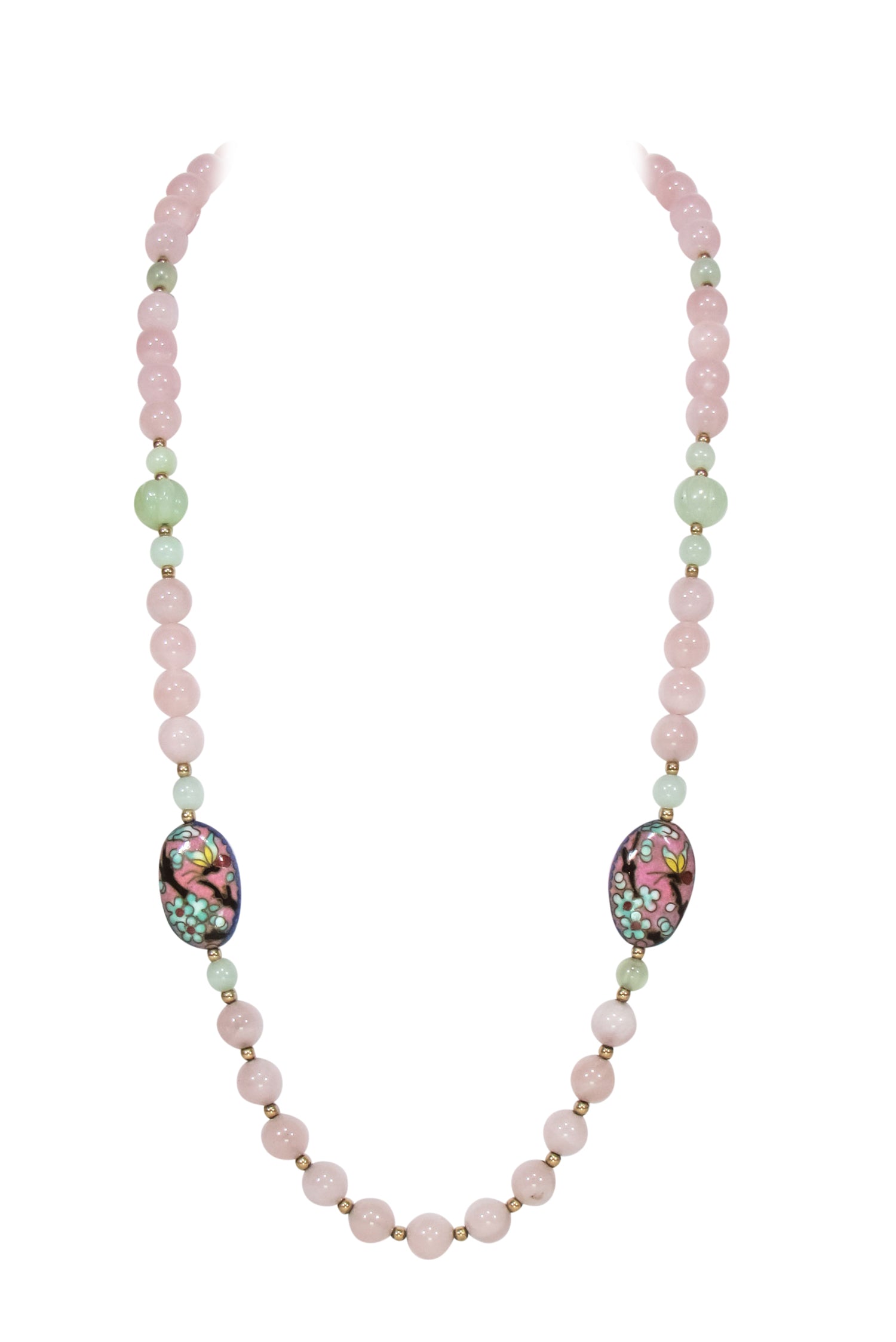Gorgeous Pink & Green Jade Bead Necklace with Enamel Butterfly Pendants