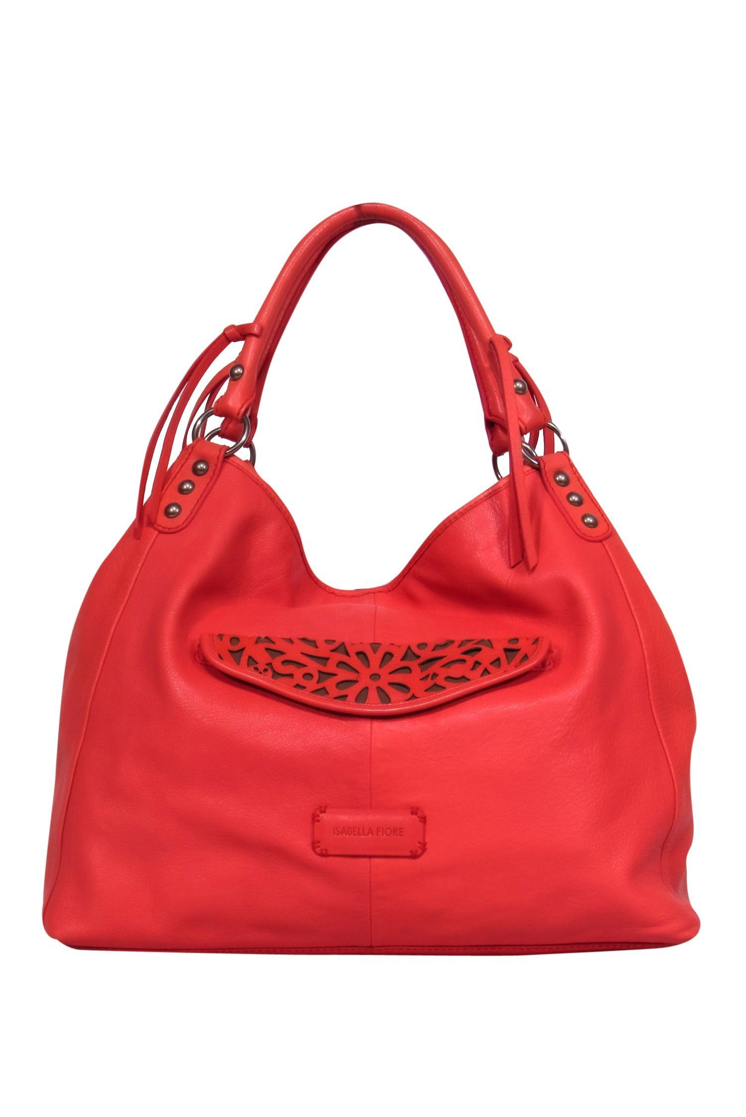 Isabella Fiore - Stunning Bright Coral Leather Lasercut Floral Tote Bag