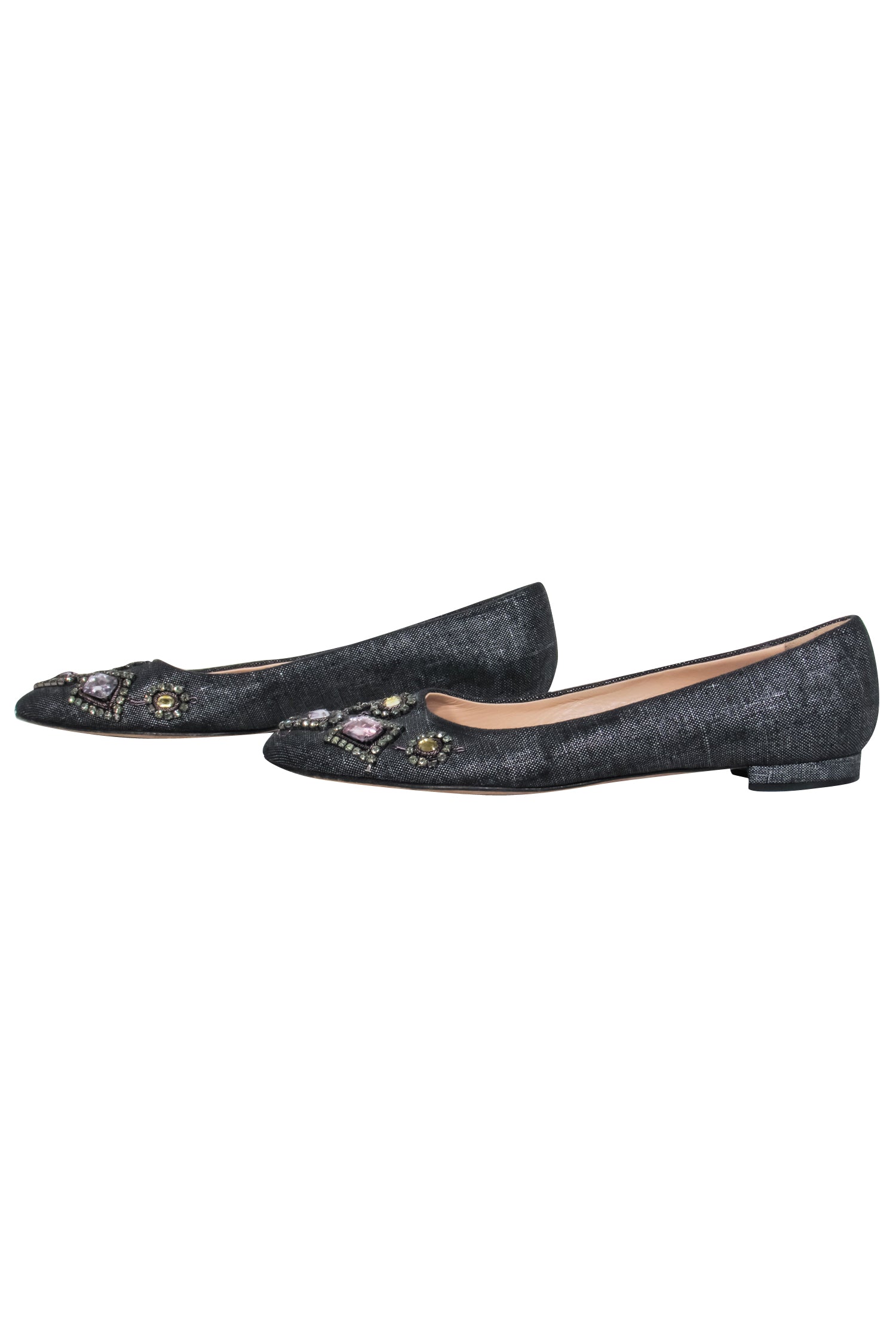 Manolo Blahnik Sparkling Crystal-Toe Canvas Flats - Size 7